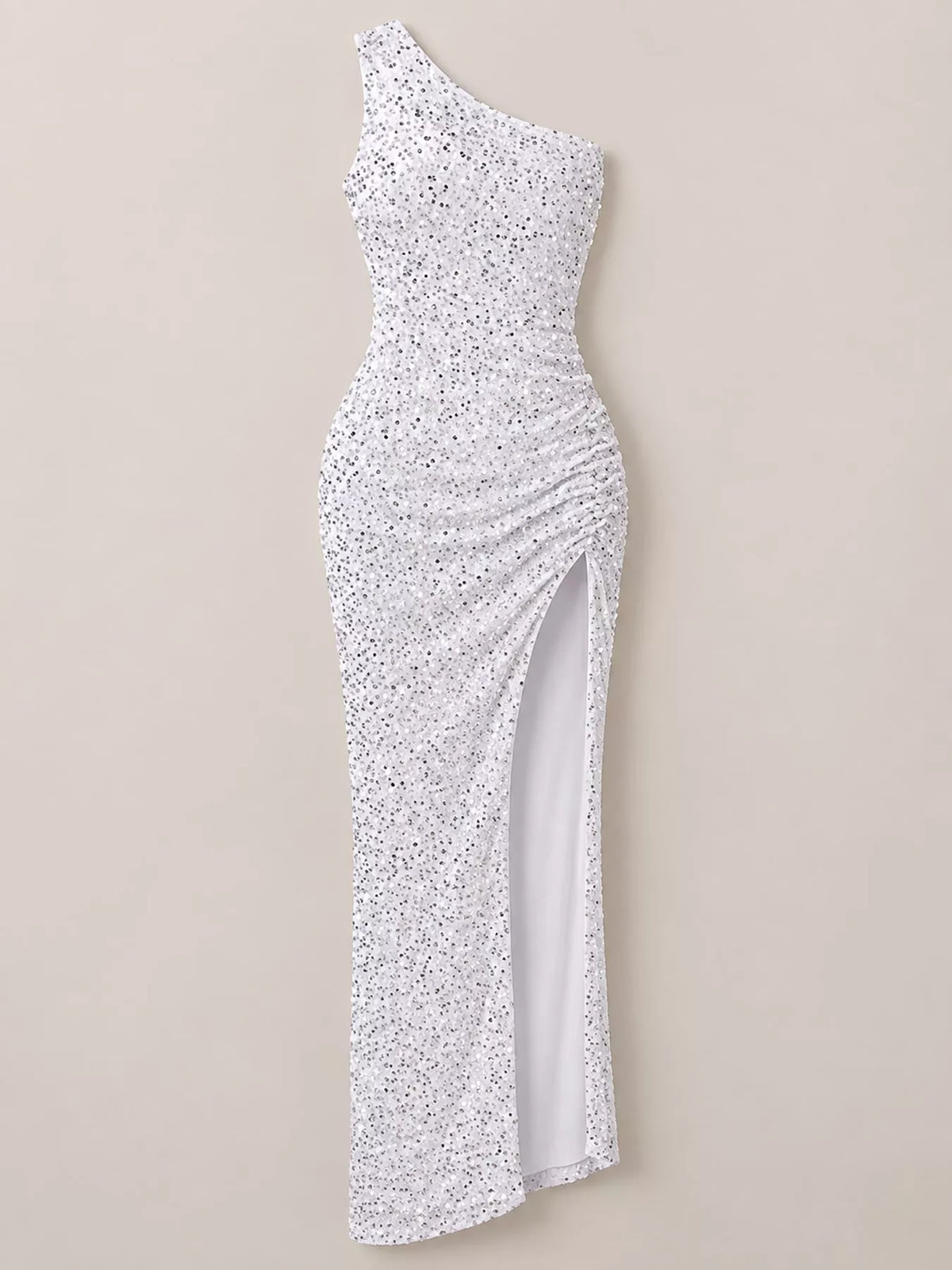 One-Shoulder Ruched Sequin High-Slit Evening Dress