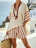 Full Size Striped 3/4 Sleeve Top and Shorts Set Plus Size