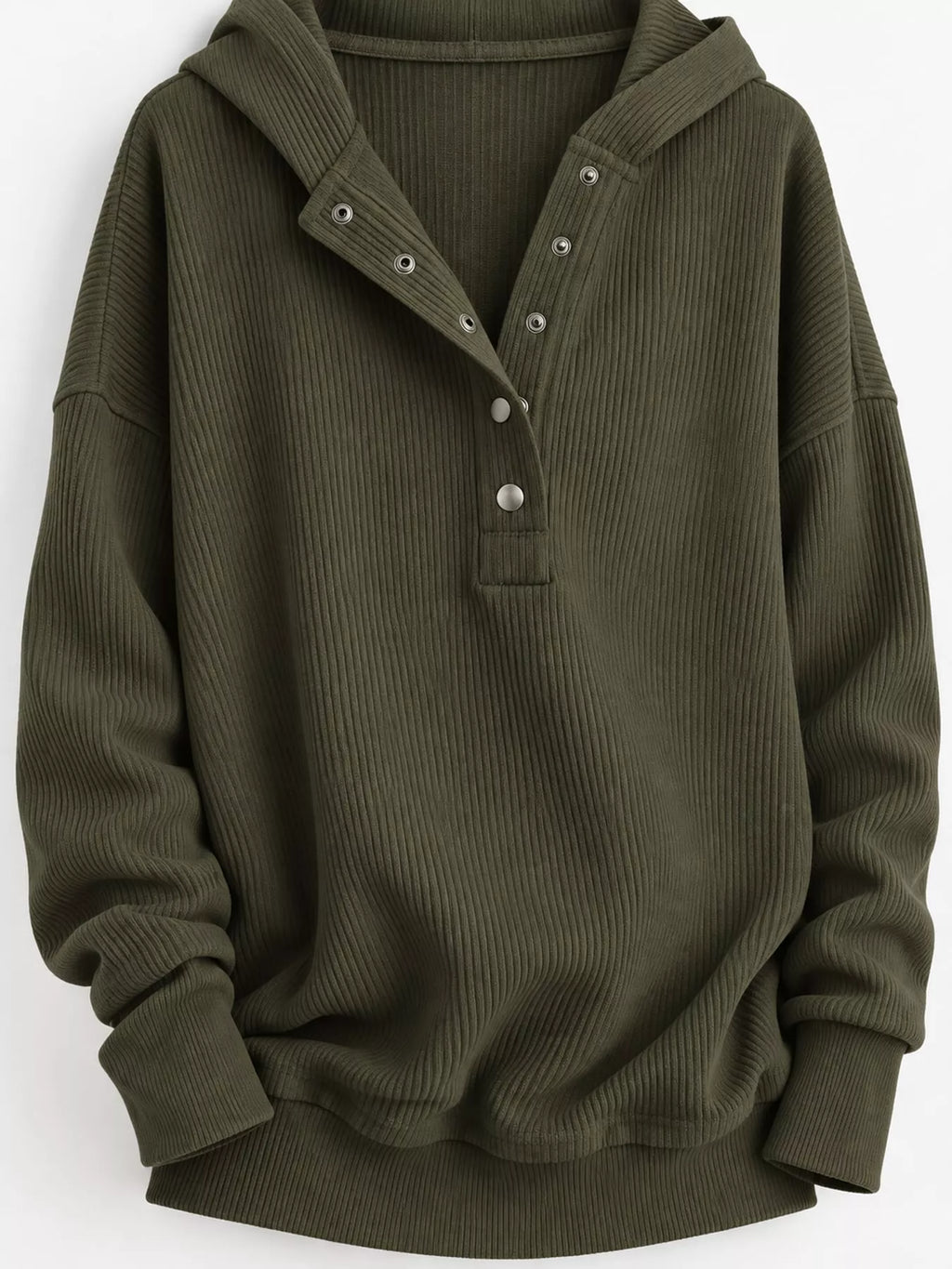 Full Size Snap Button Placket Dropped Shoulder Hoodie Plus Size