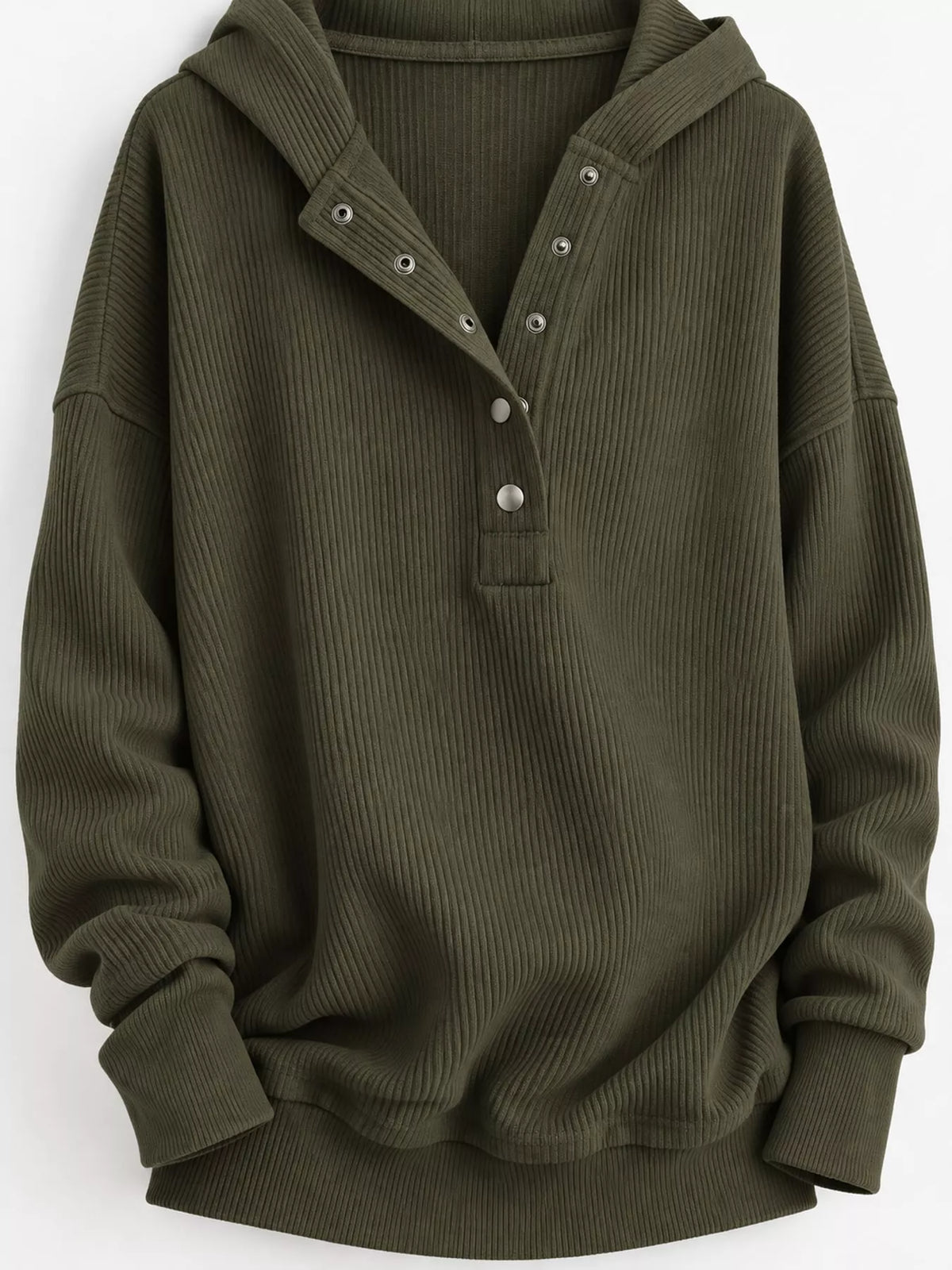 Full Size Snap Button Placket Dropped Shoulder Hoodie Plus Size