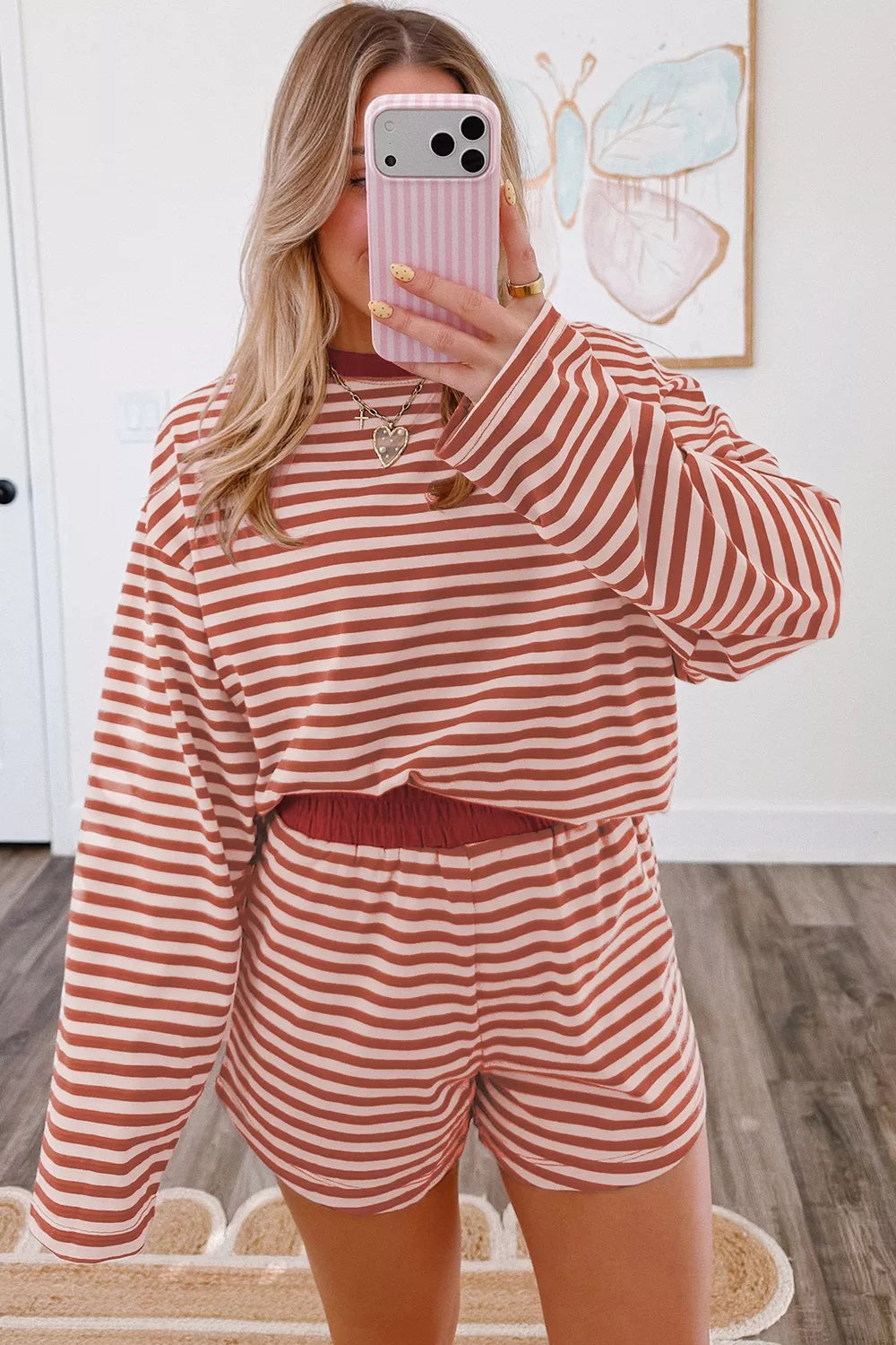 Stripe Relaxed Long Sleeve Top Contrast Elastic Waistband Short Set