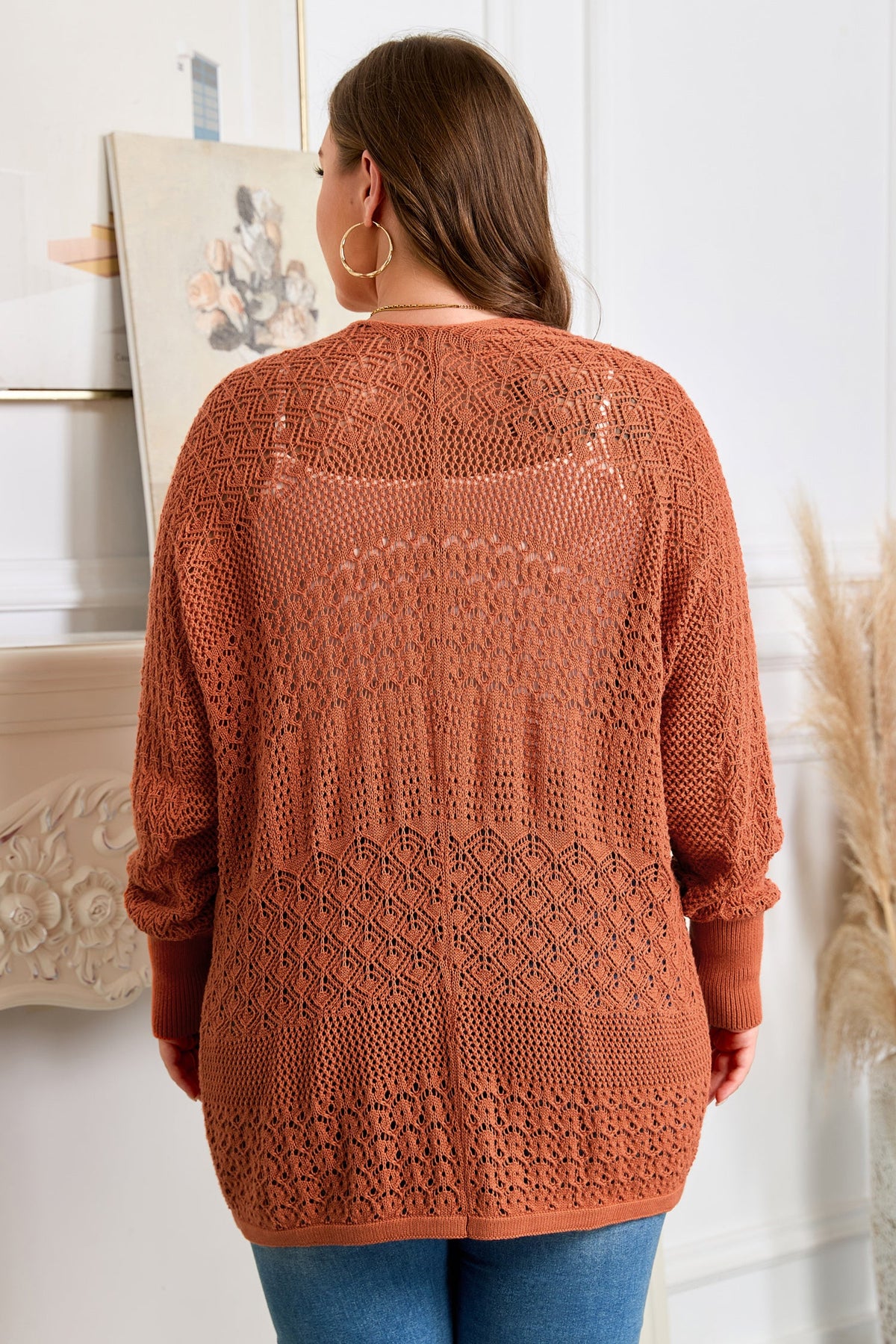 Plus Size Solid Pointelle Knit Open Front Cardigan