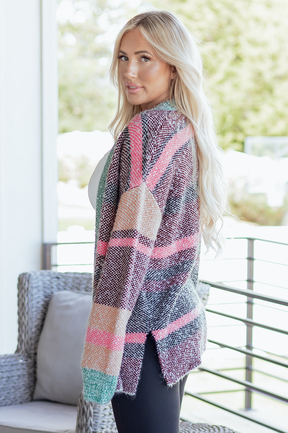 Multicolour Color Block Striped Side Slit Open Front Cardigan