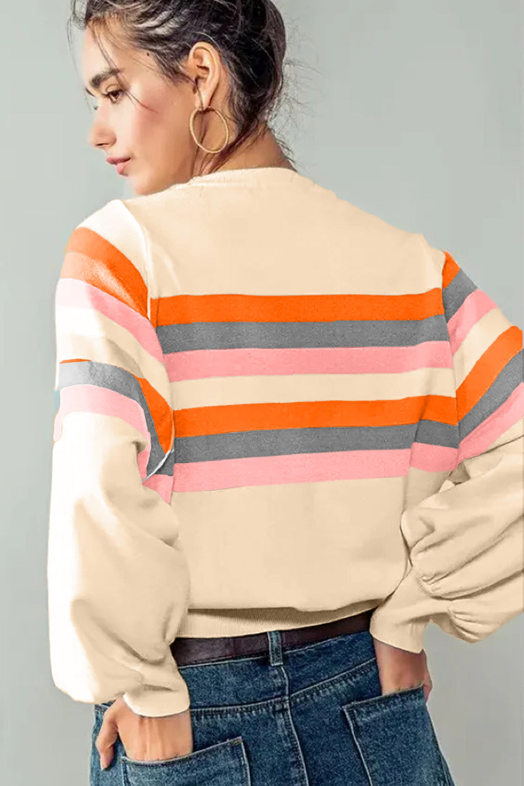 Stripe Puff Sleeve Pullover Sweatshirt