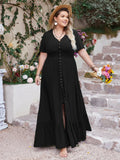 Ruffled Hem Button Down V-Neck Short Sleeve Maxi Dress
