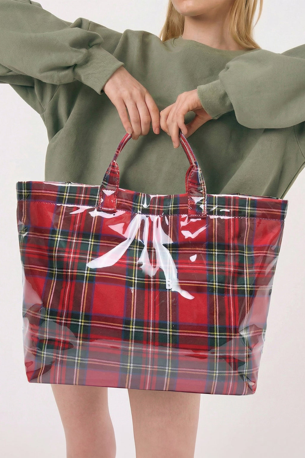 Fiery Red Plaid Pattern PVC Glossy Waterproof Tote Bag