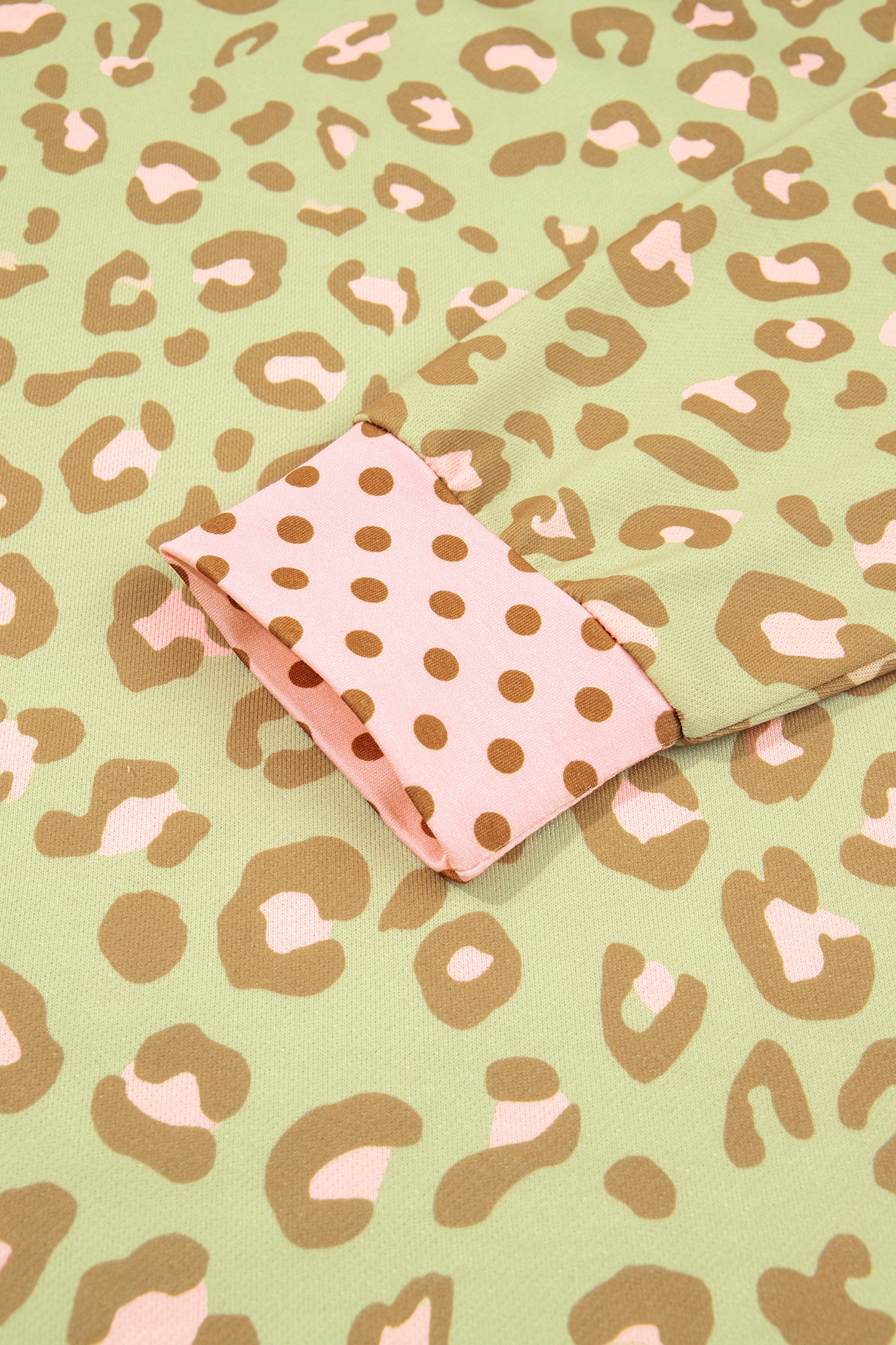 Pink Leopard Polka Dot Colorblock Trim Long Sleeve Top