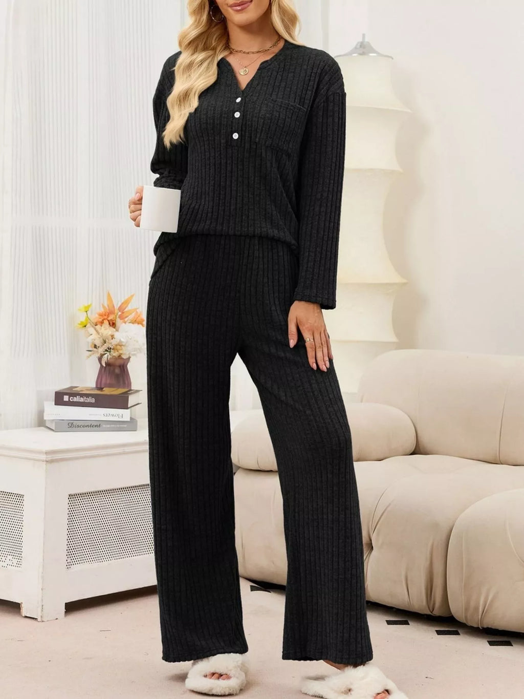 Ribbed Knit Top and Wide-Leg Pants Set