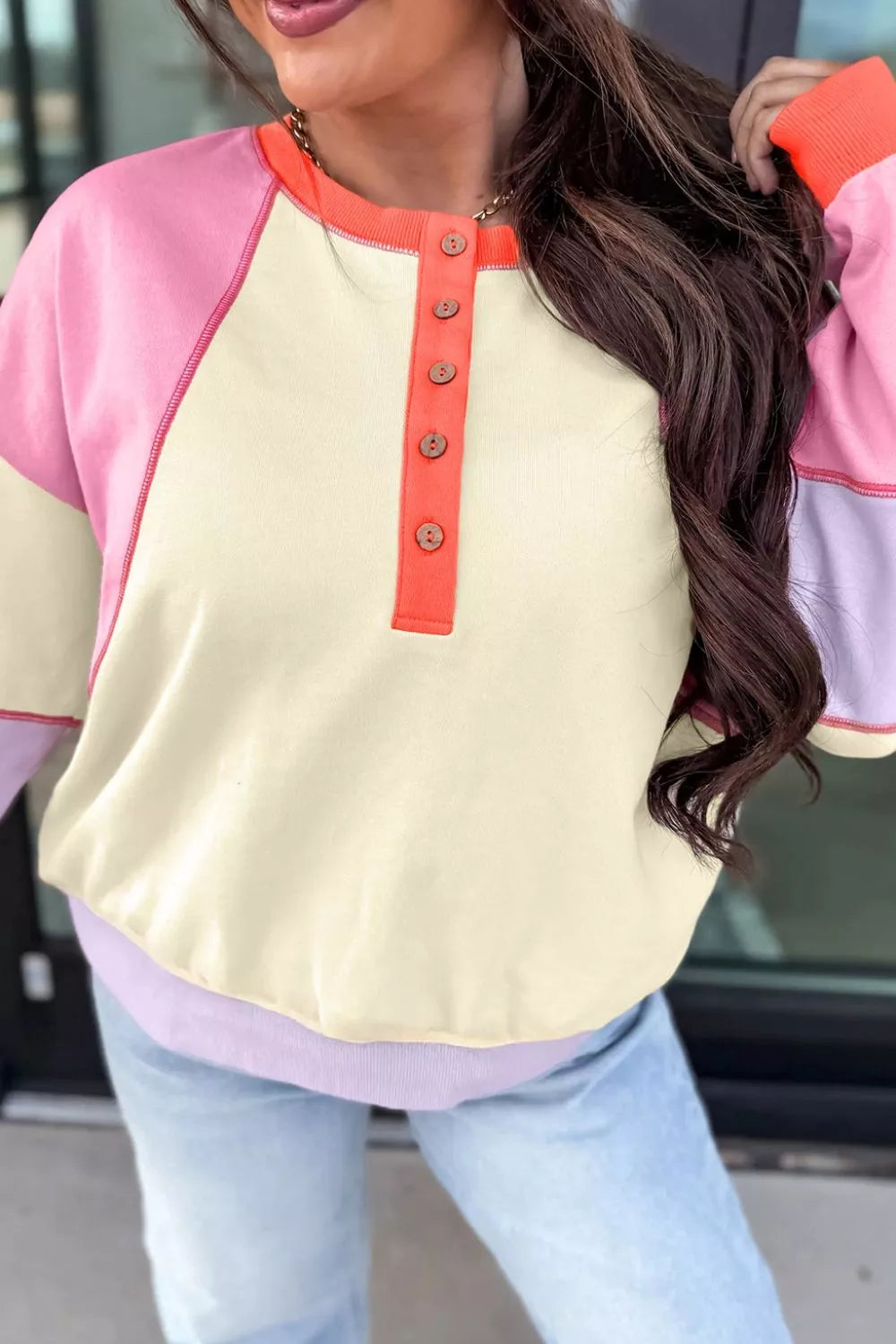 Multicolour Exposed Seam Colorblock Patchwork Long Sleeve Top