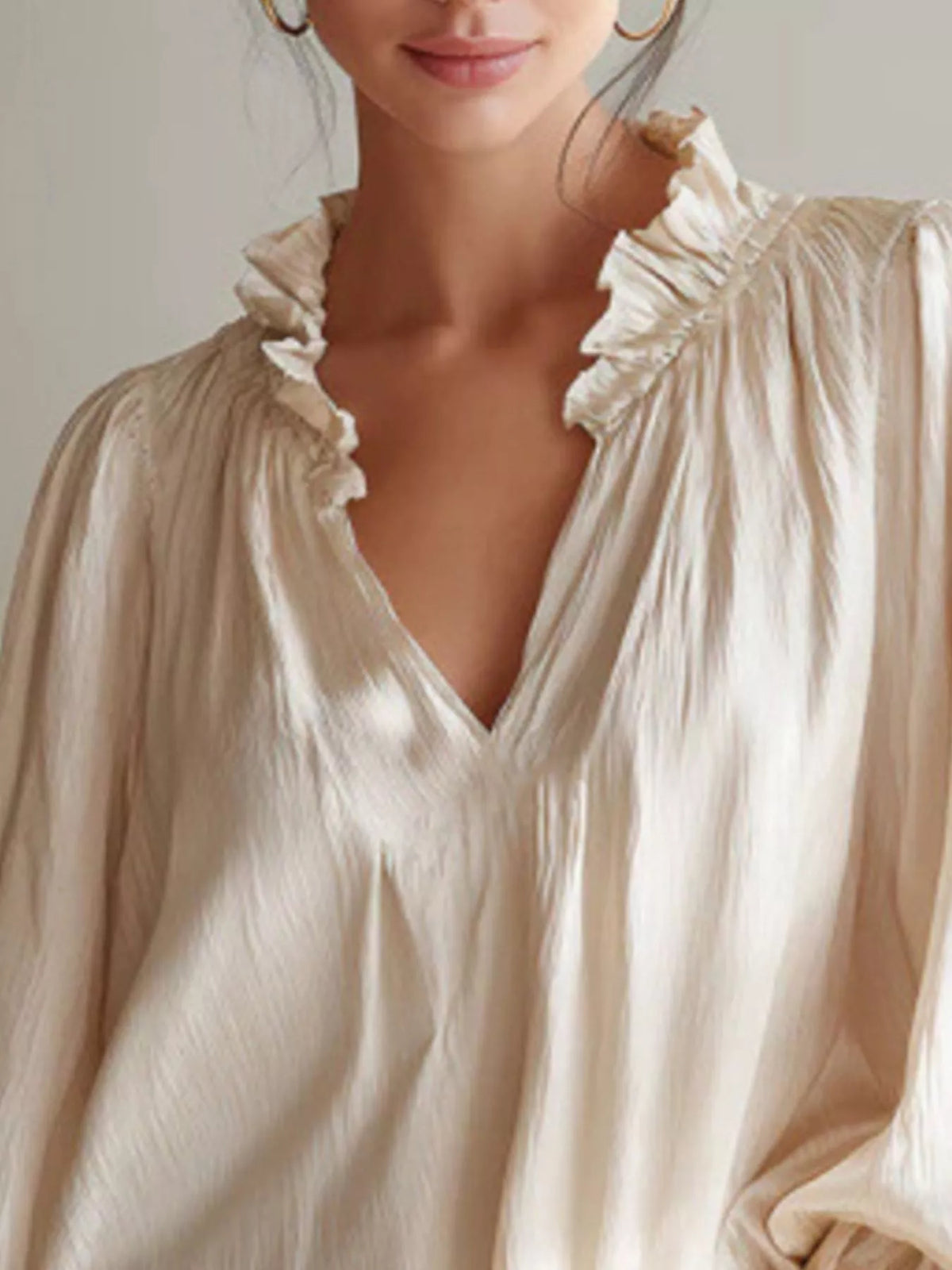 Frill Notched Long Sleeve Blouse