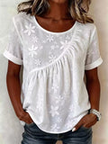 Full Size Floral Embroidered Round Neck Short Sleeve Top Plus Size