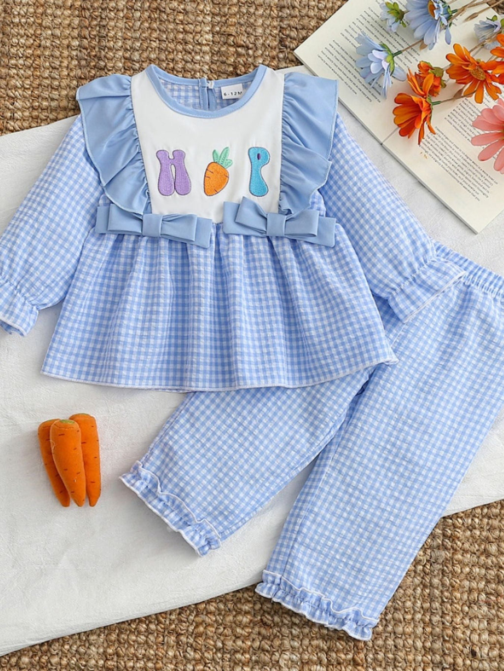 Children's Carrot Embroidered Gingham Top and Pants Set