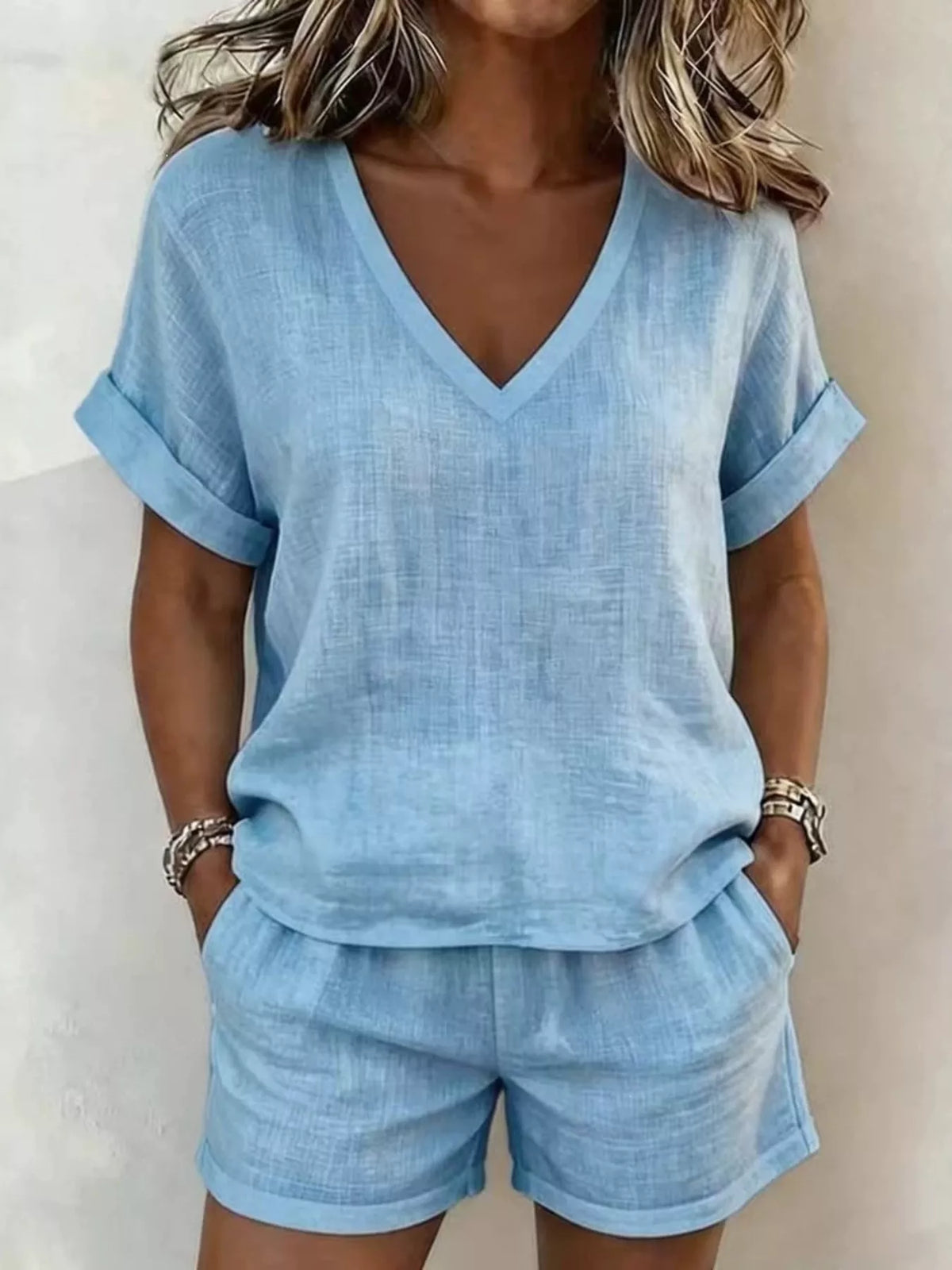 V-Neck Linen Blend Short Sleeve Top and Shorts Set