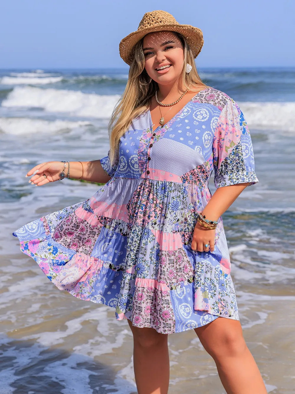 Printed V-Neck Tiered Mini Dress