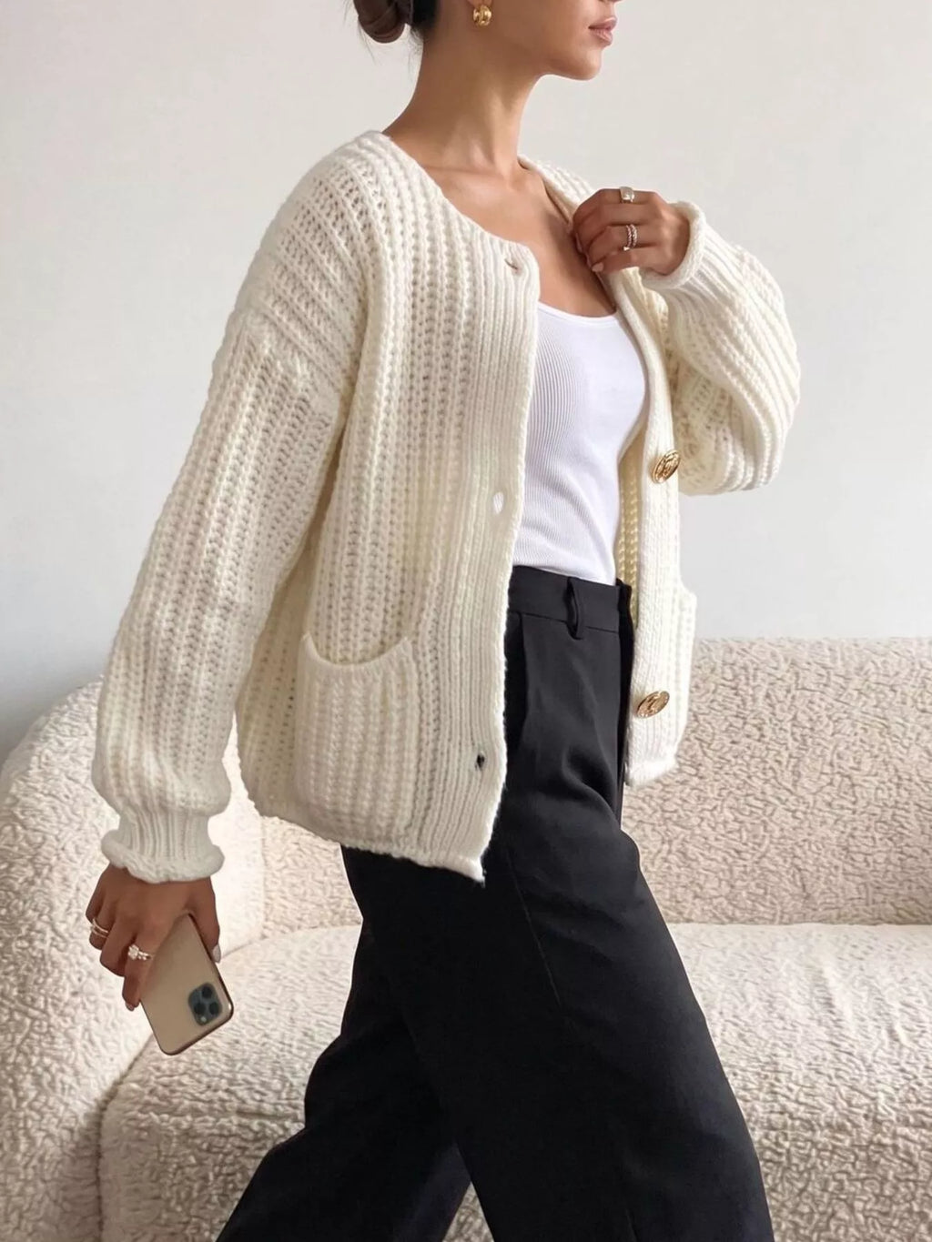 Ribbed Knit Cardigan with Gold-Tone Buttons