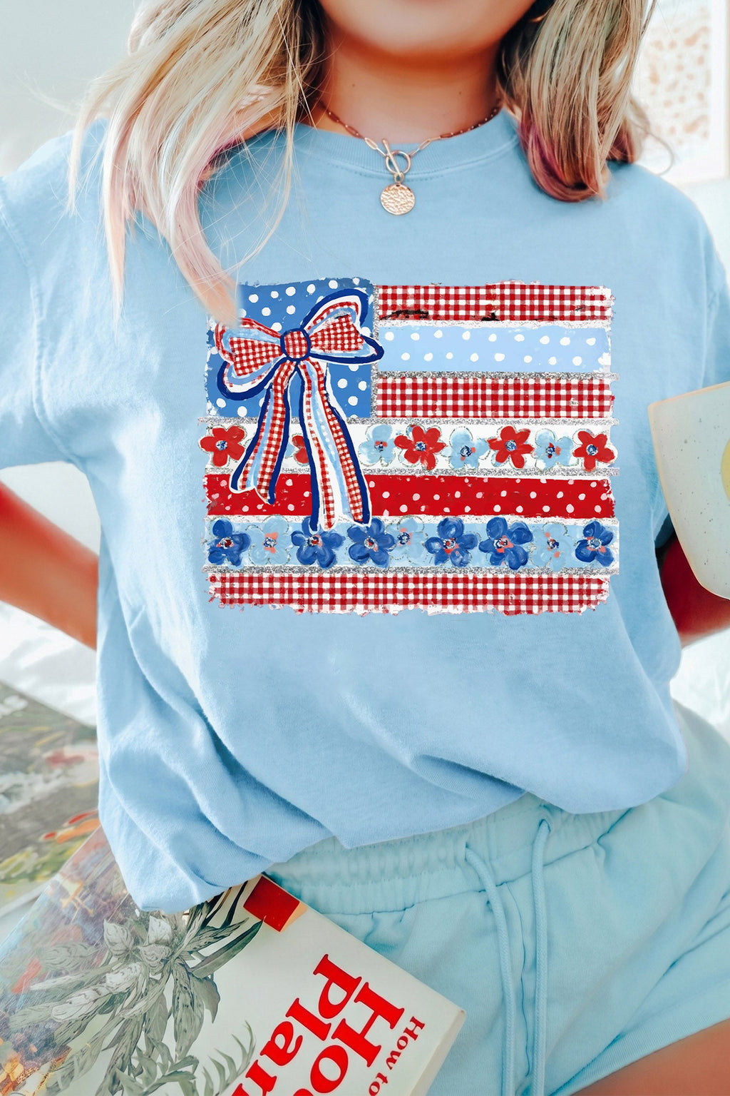 Light Blue Faux Patchwork Printed Coquette American Flag Graphic Tee