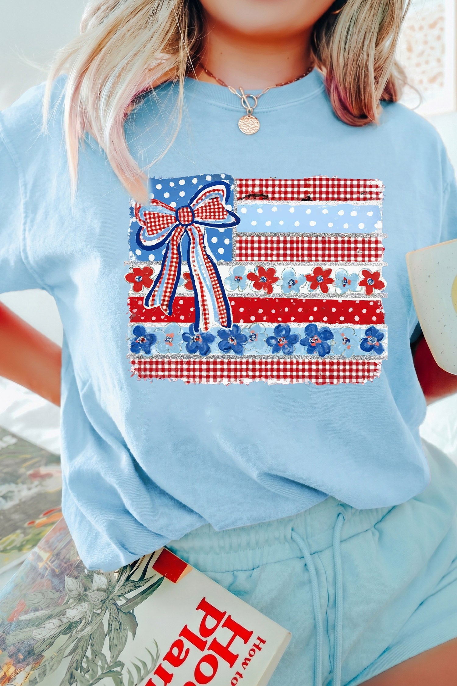 Light Blue Faux Patchwork Printed Coquette American Flag Graphic Tee
