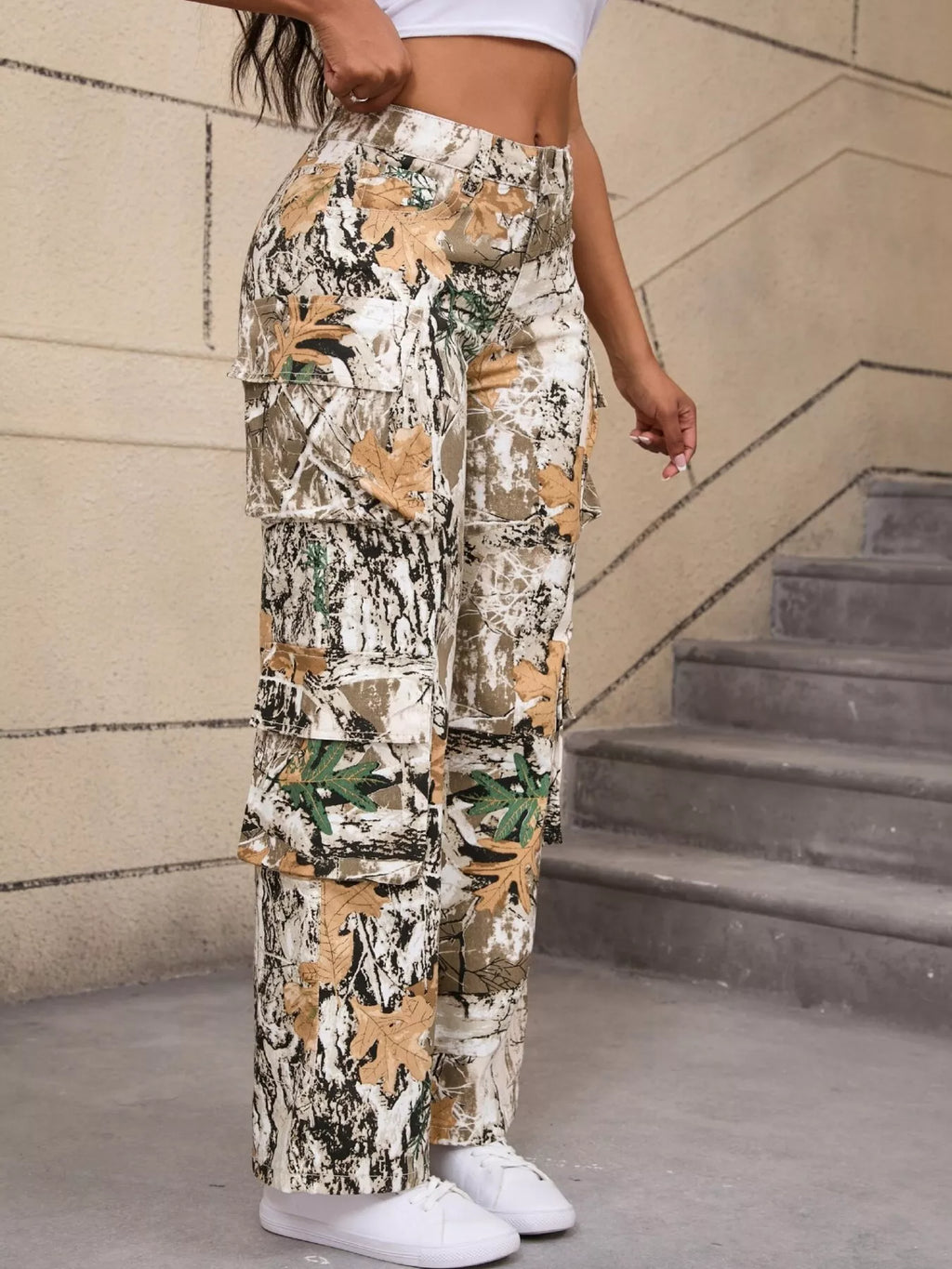 High-Waisted Camouflage Print Cargo Pants