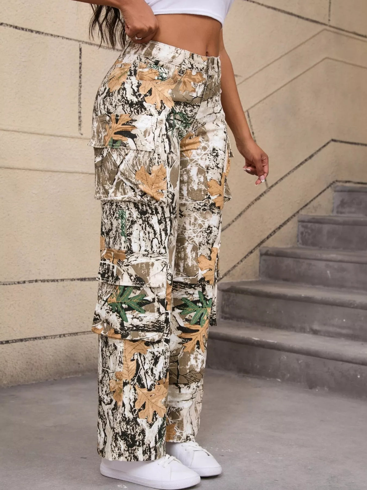 High-Waisted Camouflage Print Cargo Pants