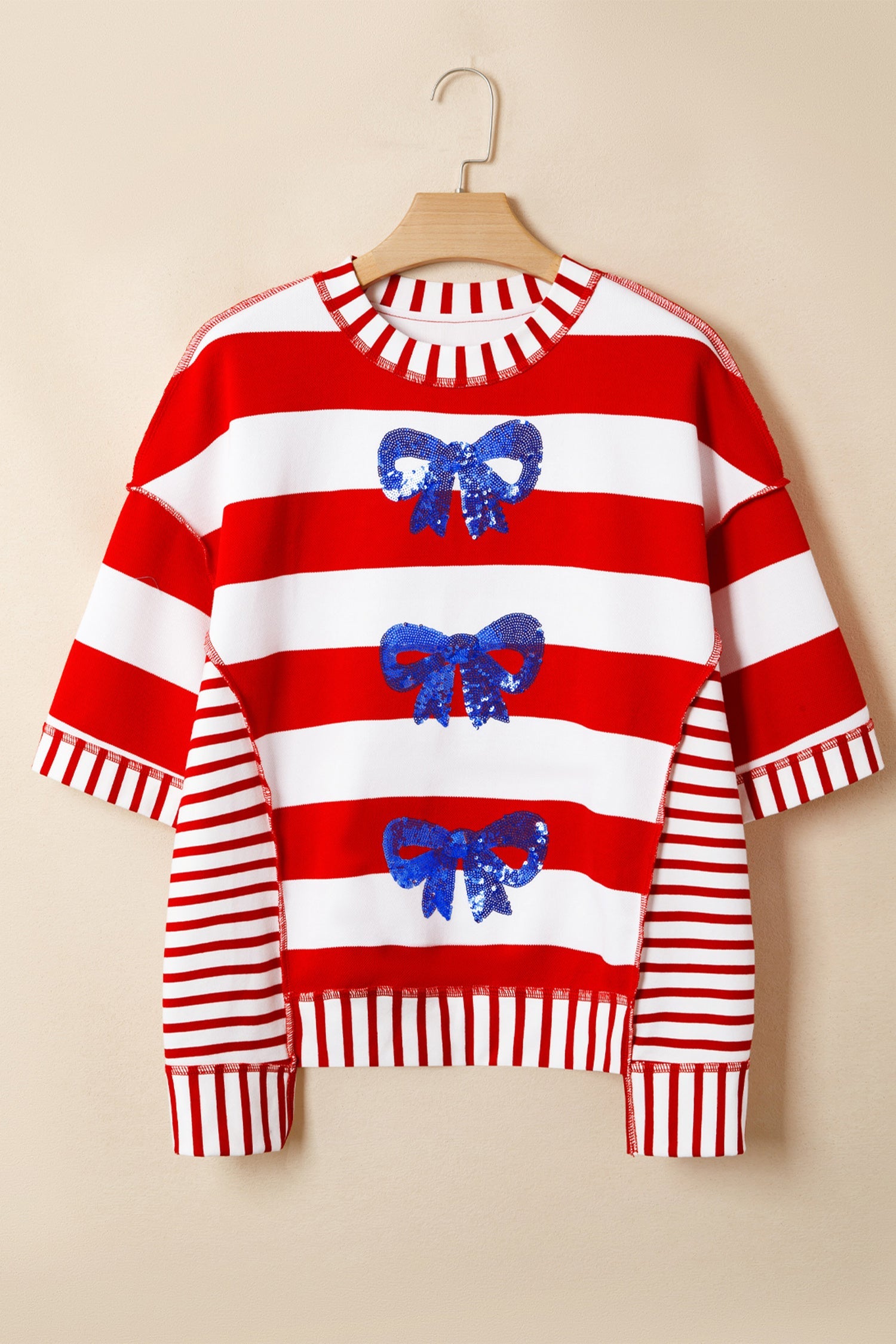 Red Stripe Sequin Bow Patriotic Half Sleeve Top