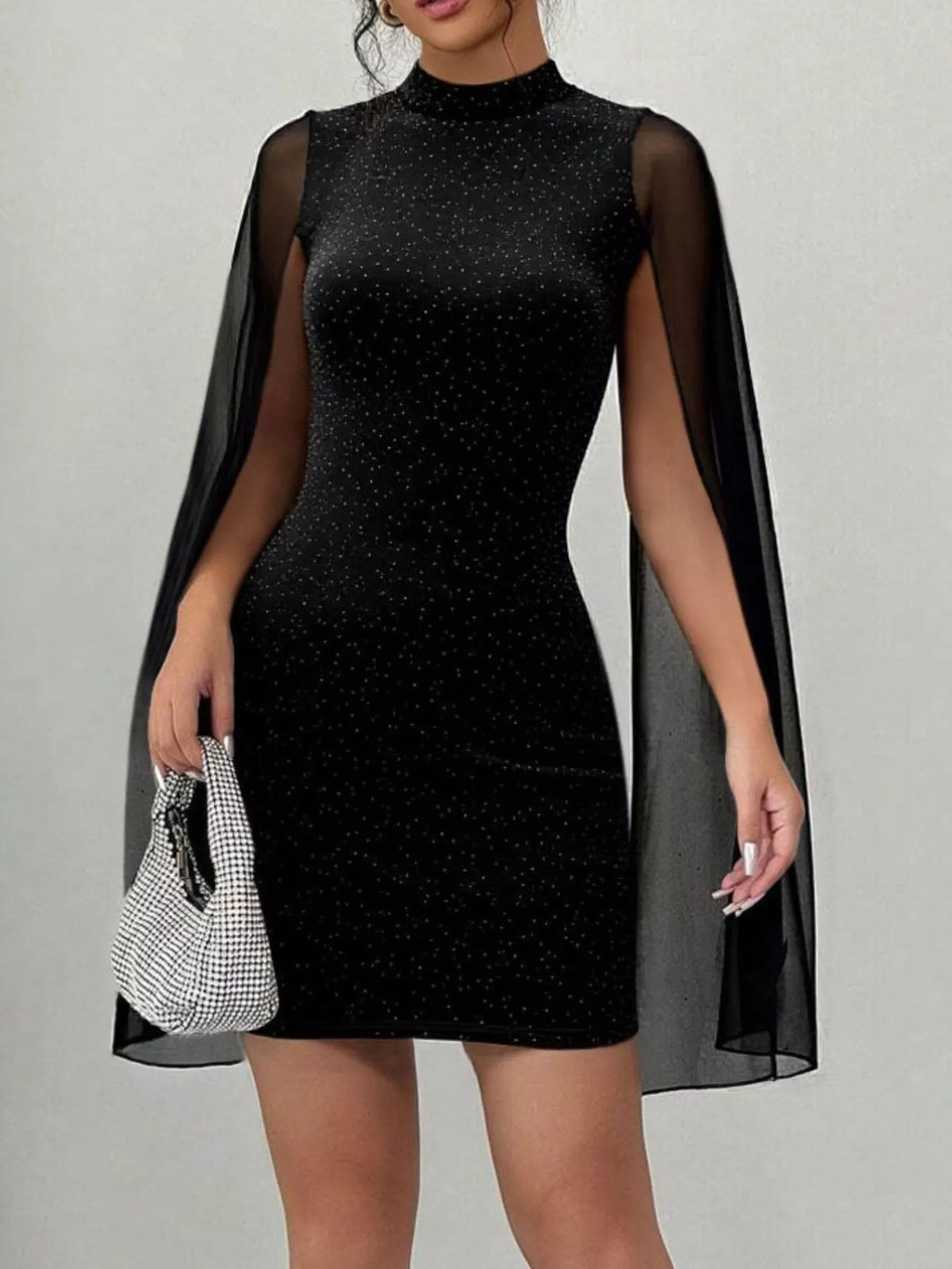Glitter Mesh Slit Sleeve Bodycon Mini Dress