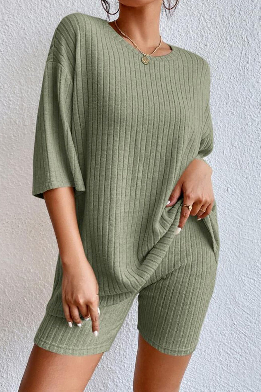 Round Neck Ribbed Top and Drawstring Shorts Lounge Set