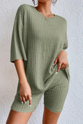 Round Neck Ribbed Top and Drawstring Shorts Lounge Set
