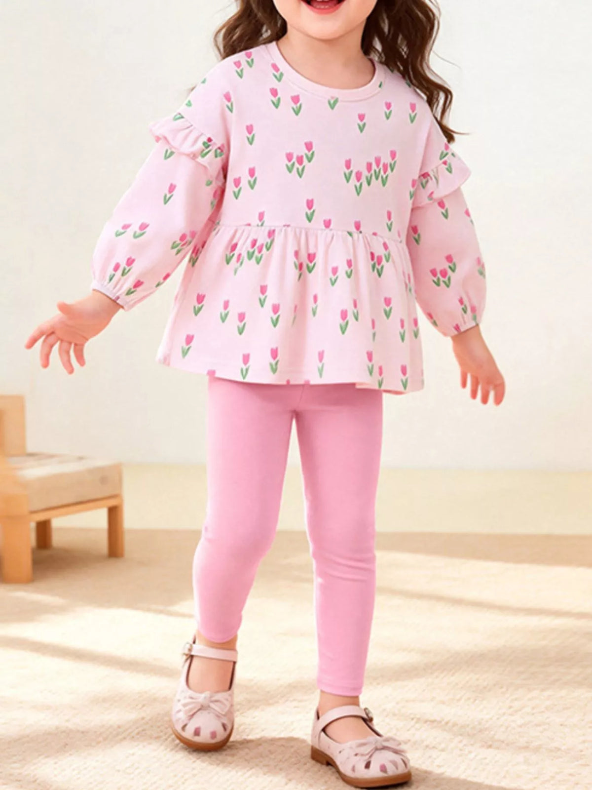 Children's Floral Print Peplum Top and Leggings Set