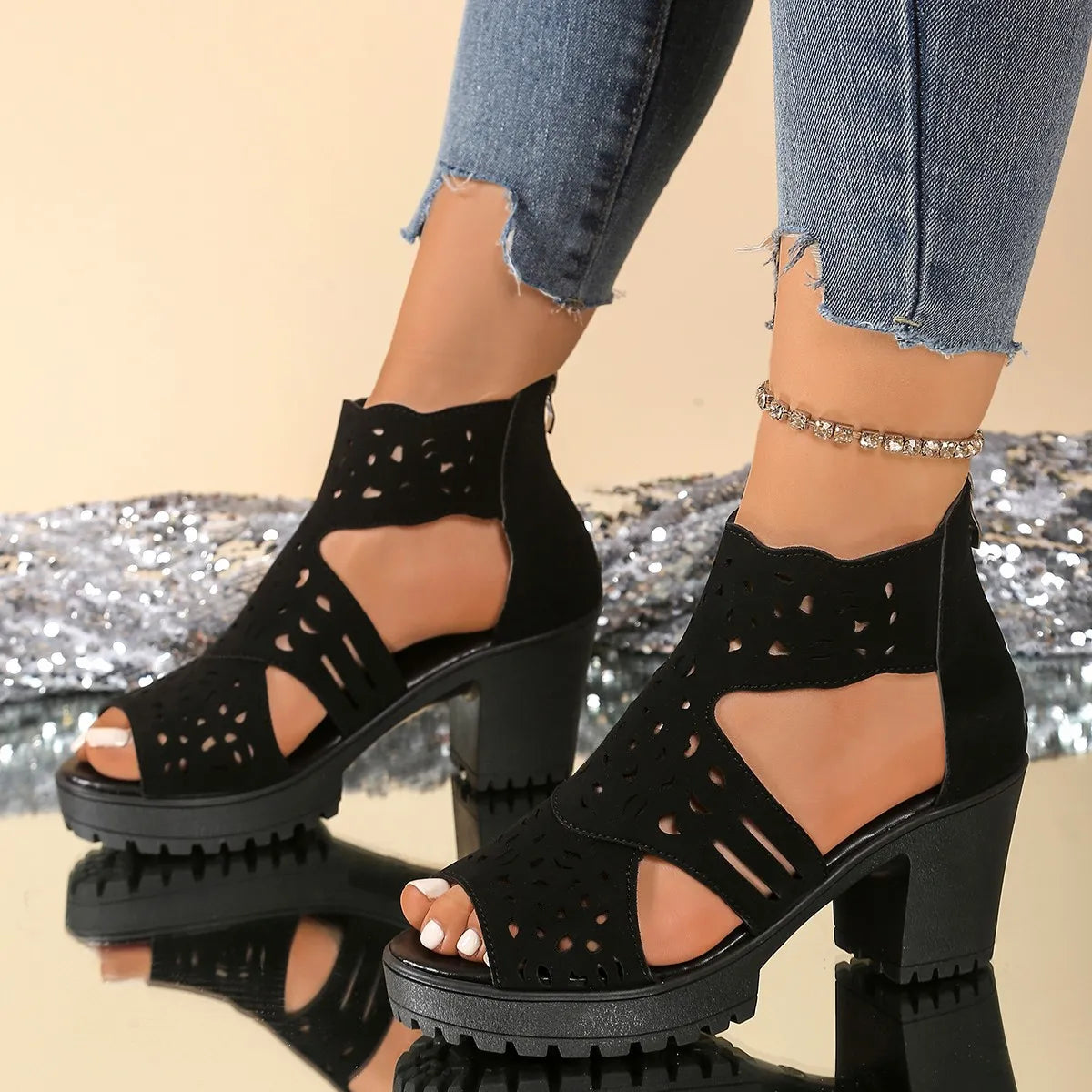 Cutout Block Heels Sandals