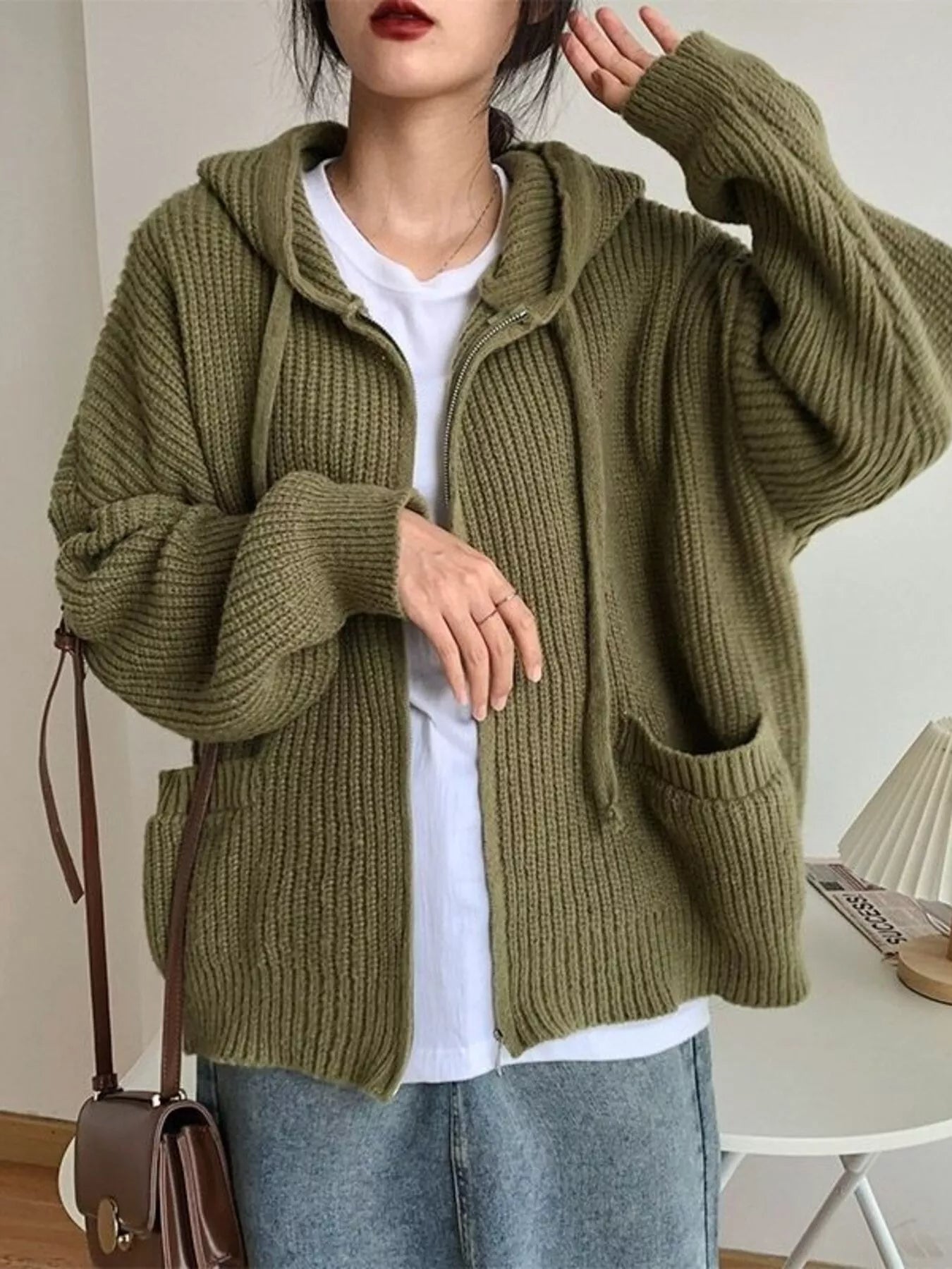 Casual Knitted Zip-Up Hooded Cardigan
