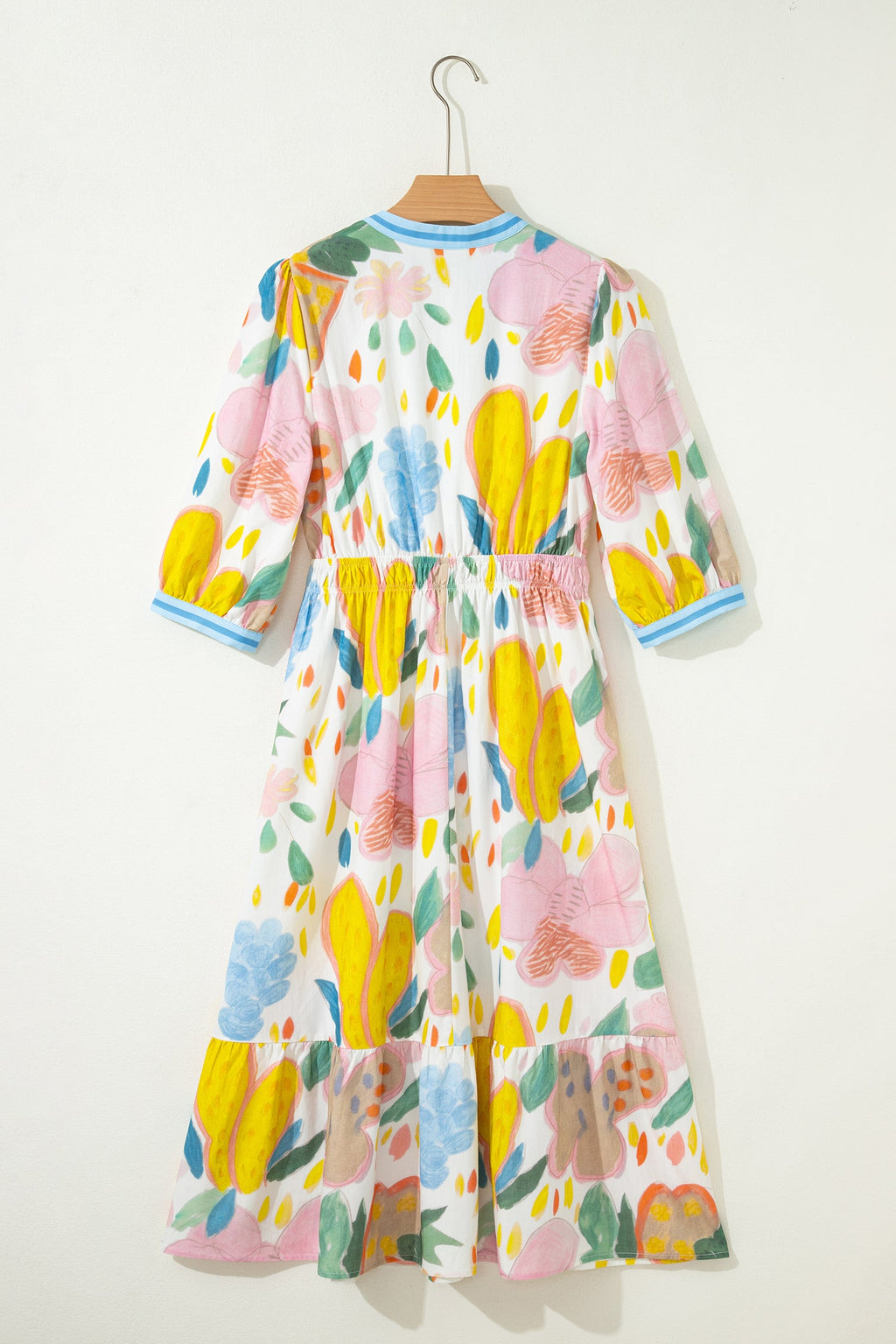 Multicolour Floral Doodle Print Striped Trim V Neck Midi Dress