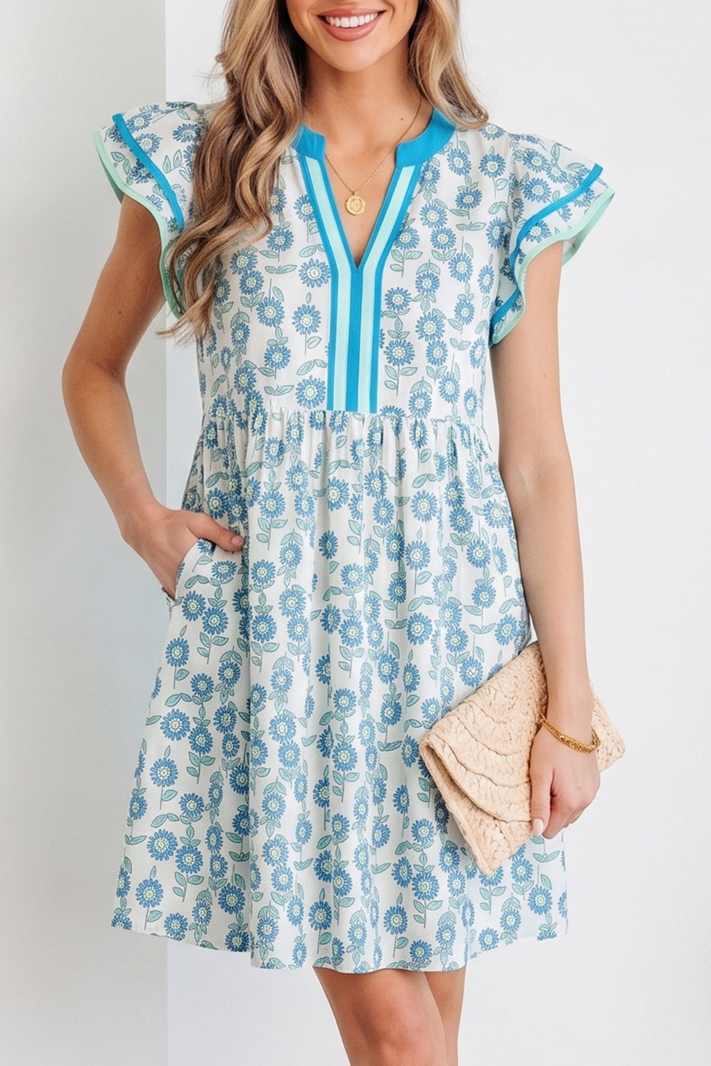 Sky Blue Floral Print Contrast Trim Flutter Sleeve Mini Dress
