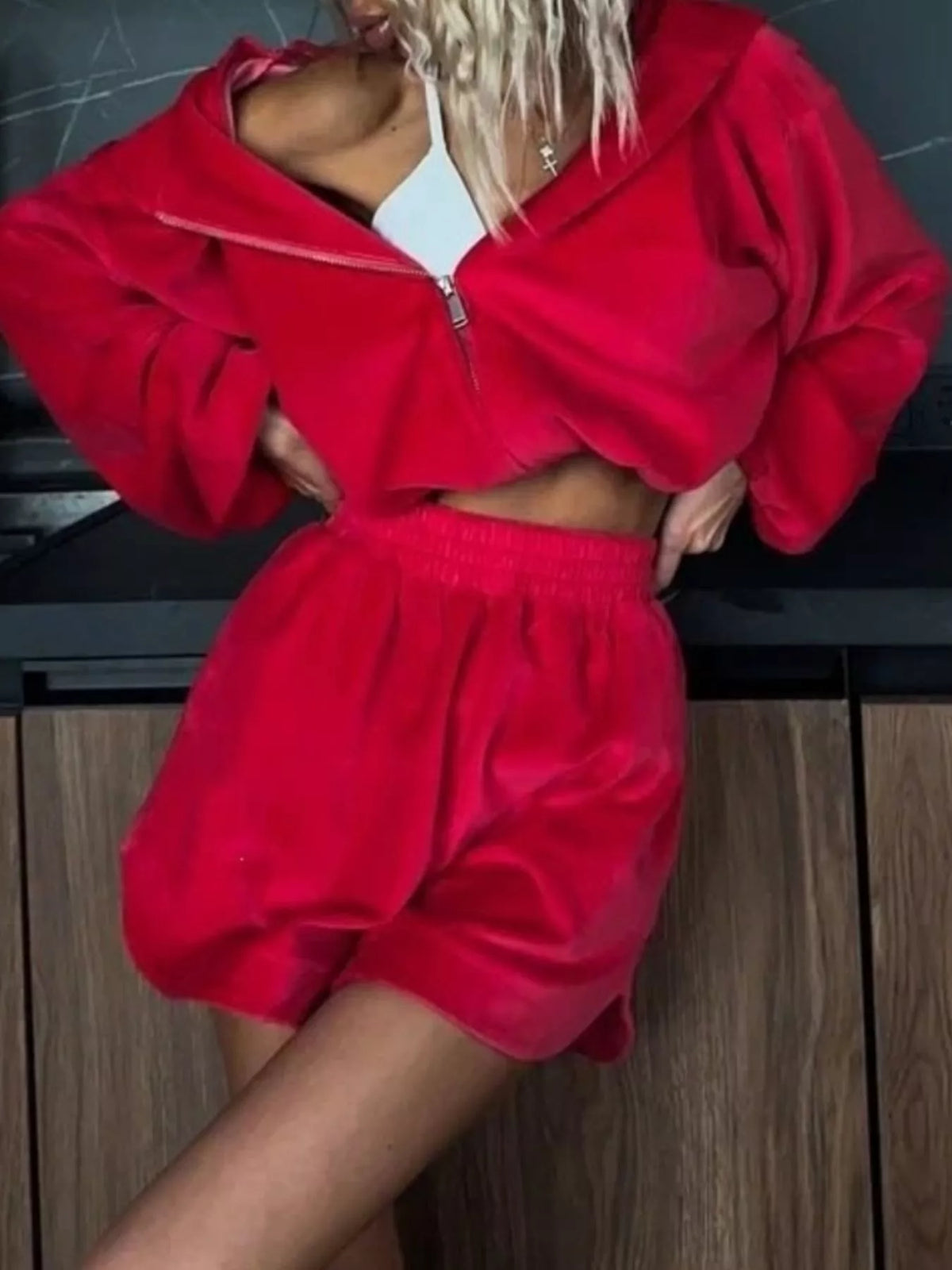 Zip Up Crop Hoodie and Shorts Set