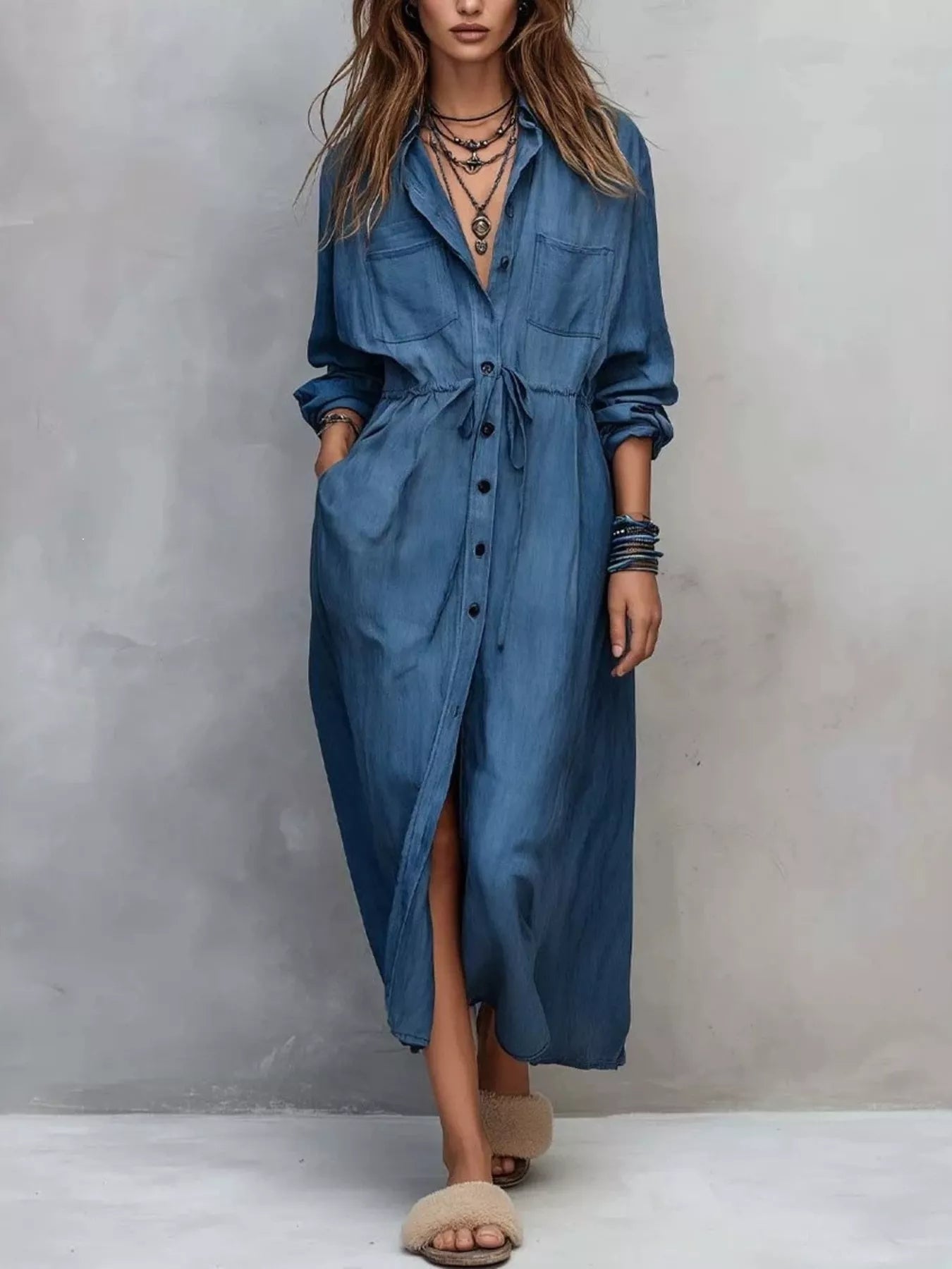 Full Size Button Front Long Sleeve Shirt Dress Plus Size