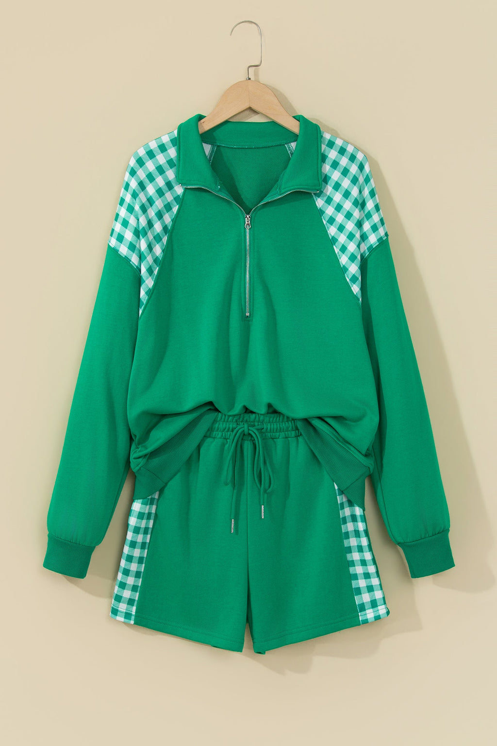 Gingham Patchwork Half-Zip Pullover & Shorts Set