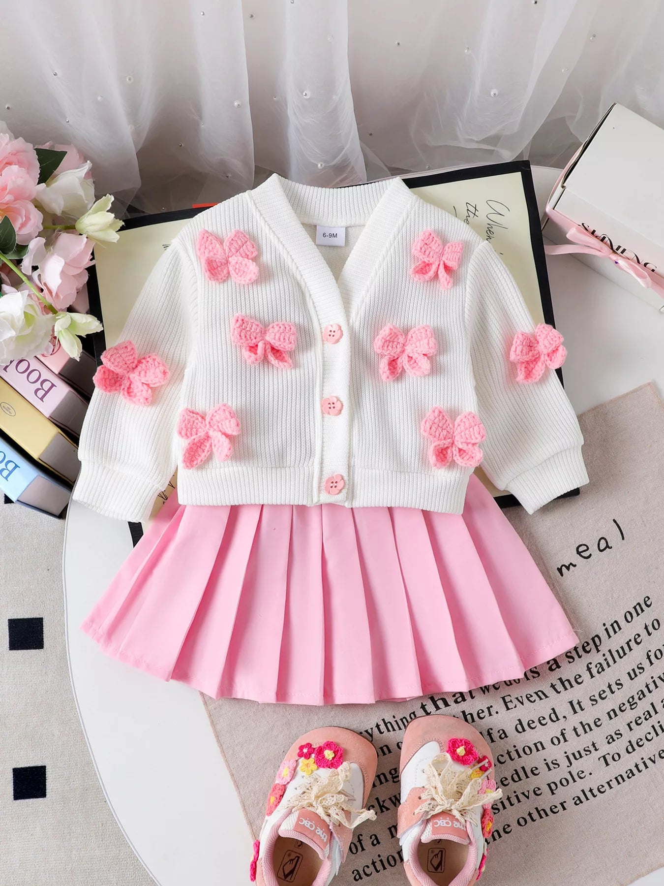Children's Bow Button Up Cardigan and Pleated Skirt Set