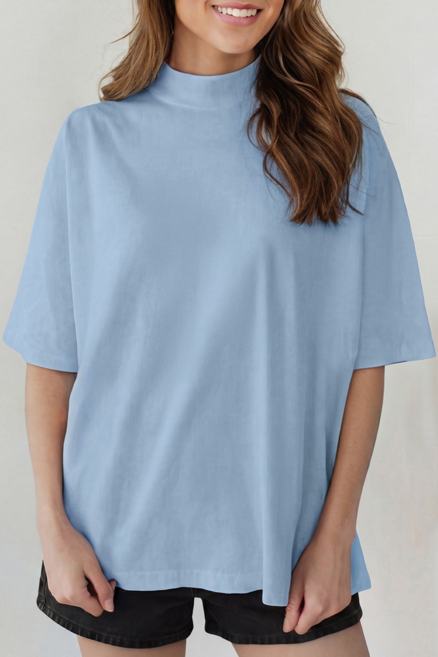 Beau Blue Solid Color High Neck Oversize Tee