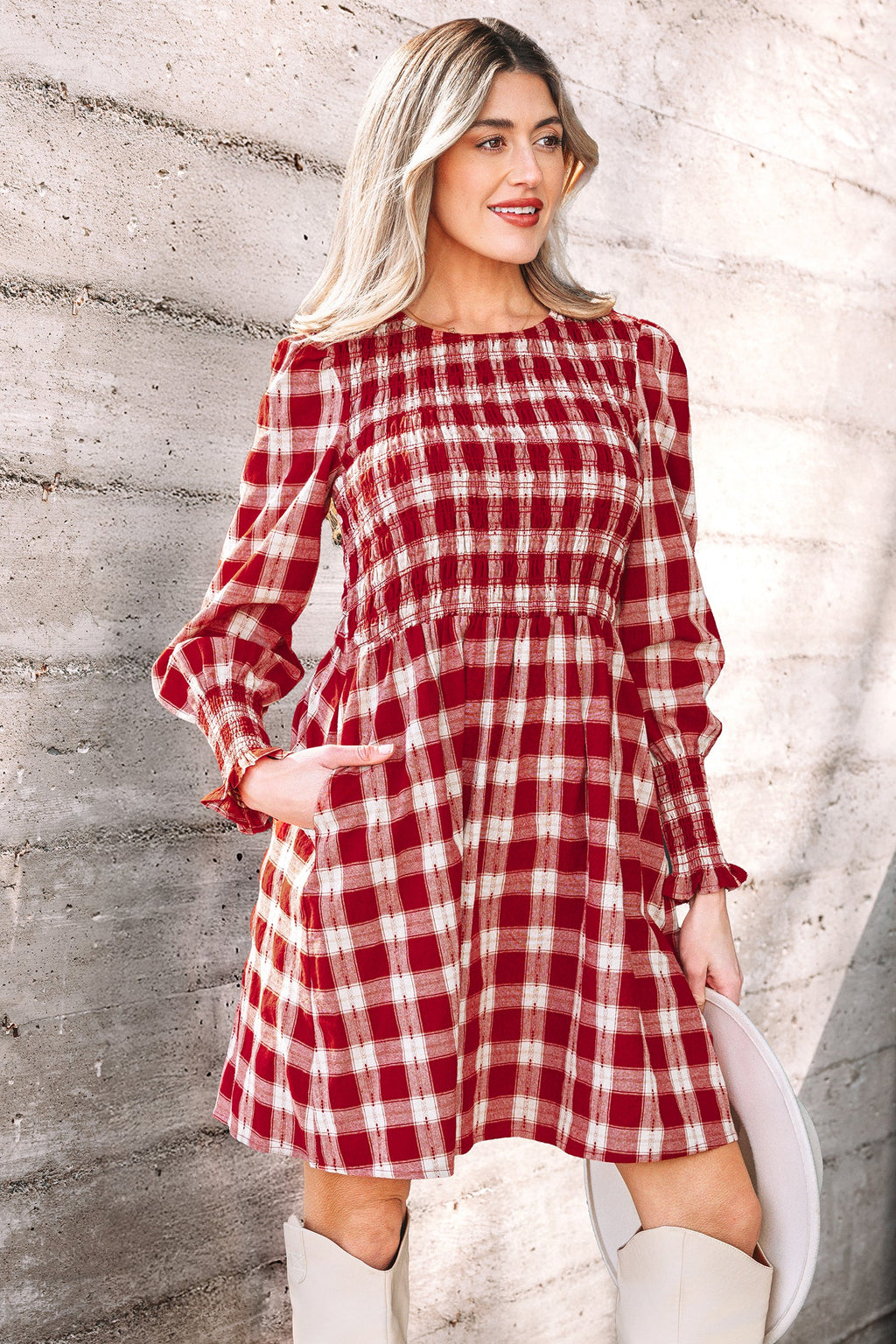 Red Plaid Print Smocked Puff Sleeve Mini Dress