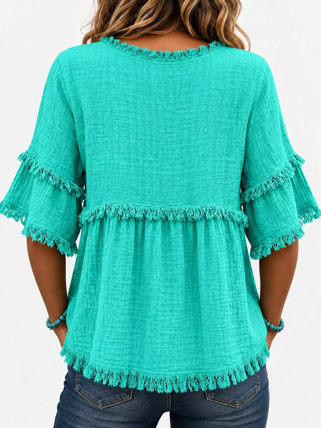 Full Size Frayed Edge Textured Blouse Plus Size