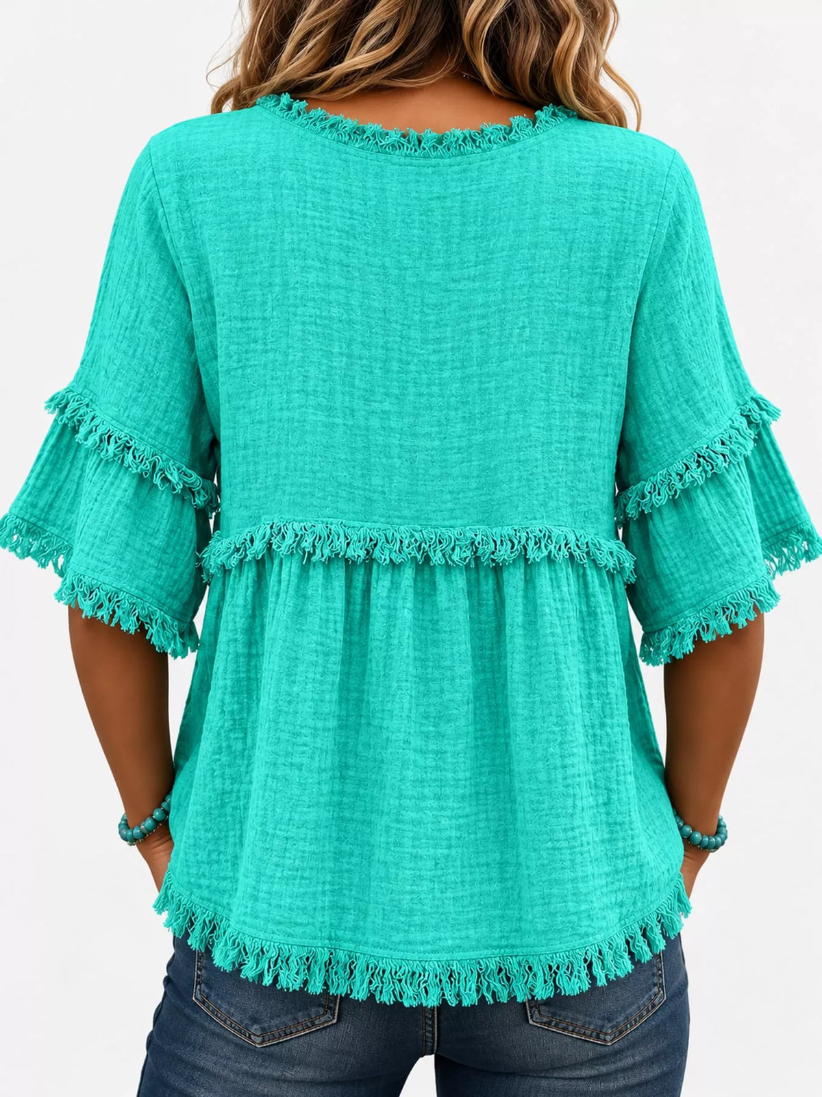 Full Size Frayed Edge Textured Blouse Plus Size