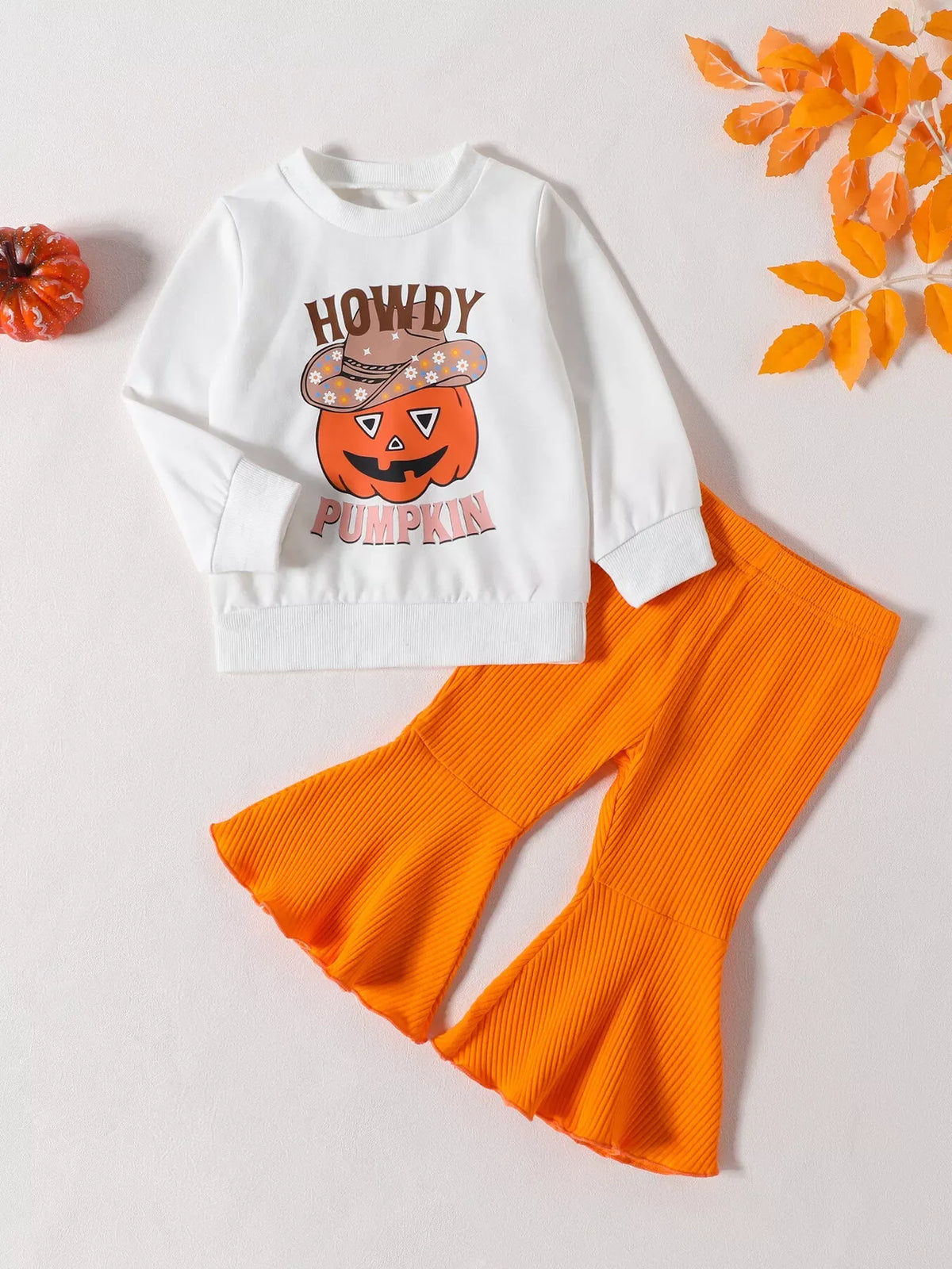 Children's Howdy Pumpkin Graphic Long Sleeve Sweatshirt and Ribbed Bell Pants Set