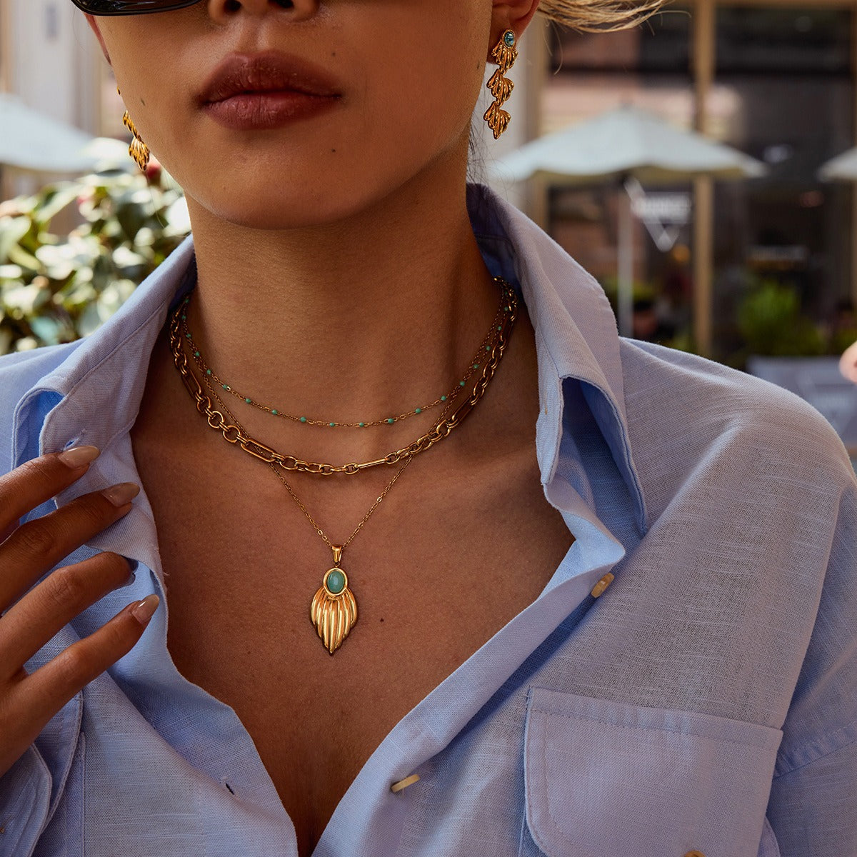 18K gold geometric shape with texture design exquisite unique necklace and earrings set