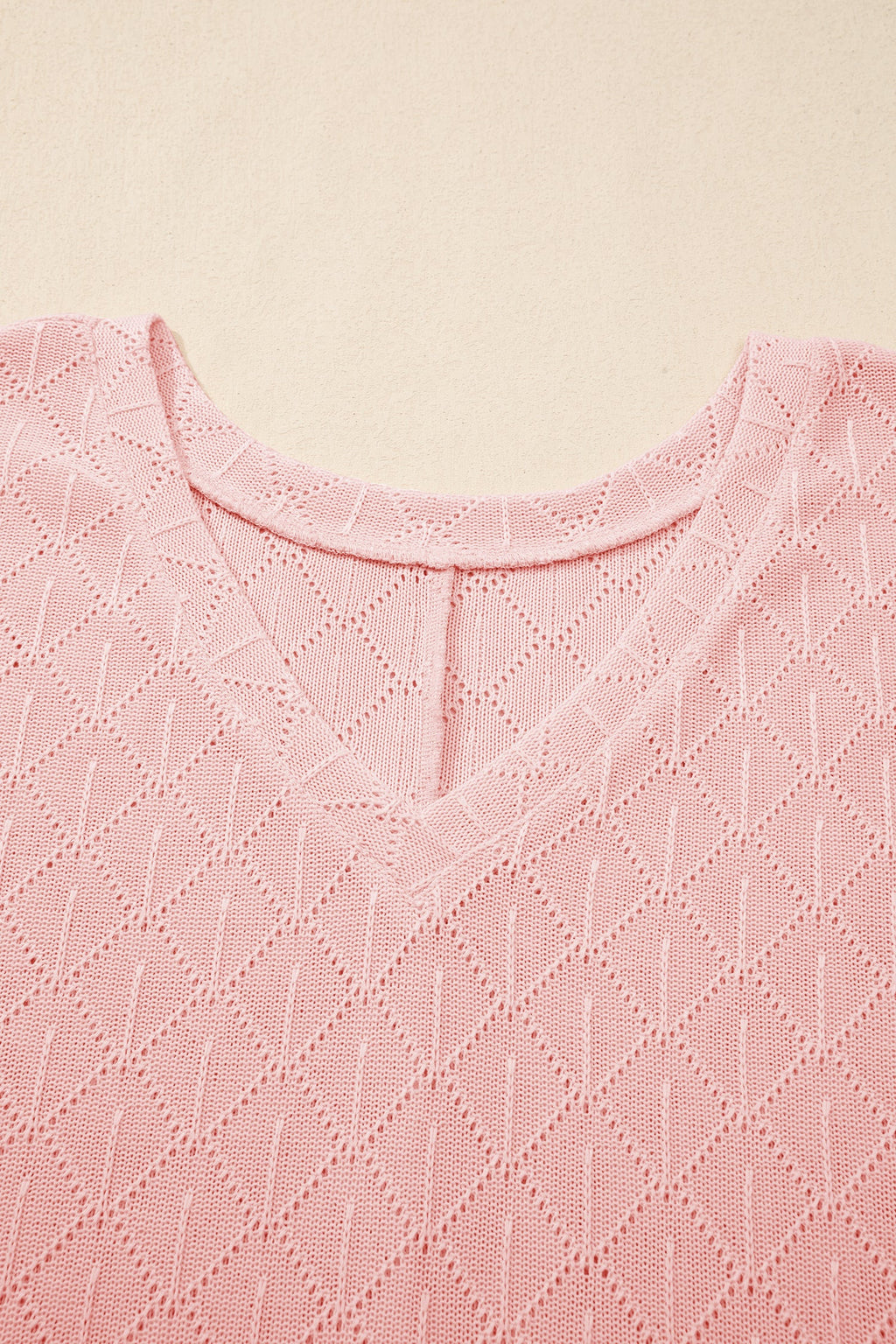Light Pink Pointelle Rhombus Knit Plus Size V Neck Loose Top