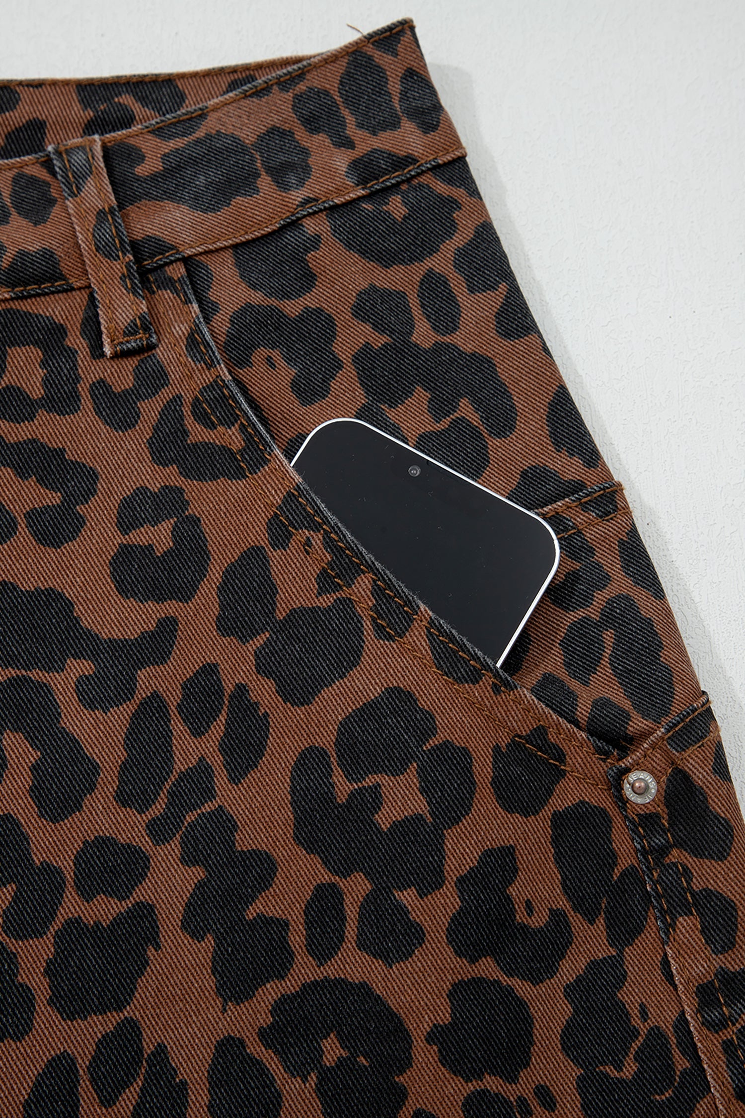 Brown Clear Seam Detail Patchwork Leopard Print Barrel Jeans