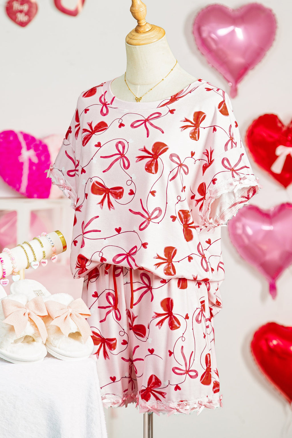 Red Romantic Bow Print Loose Tee Drawstring Shorts 2pcs Lounge Set