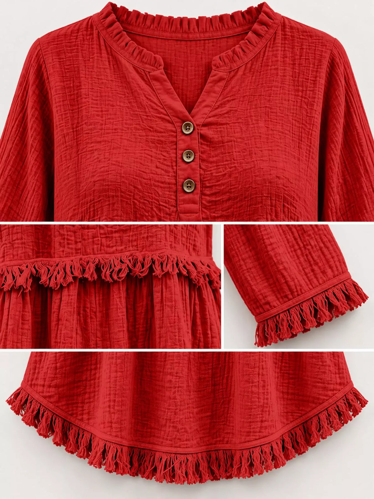 Full Size Frayed Hem Button Detail Blouse Plus Size