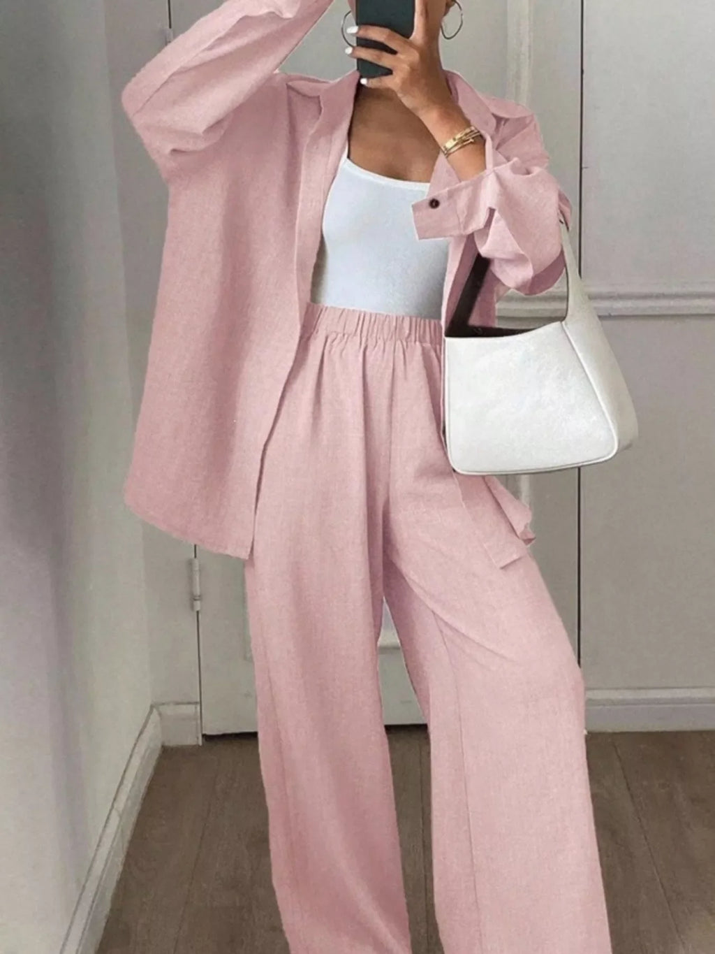 Button Up Long Sleeve Shirt and Wide Leg Pants Set