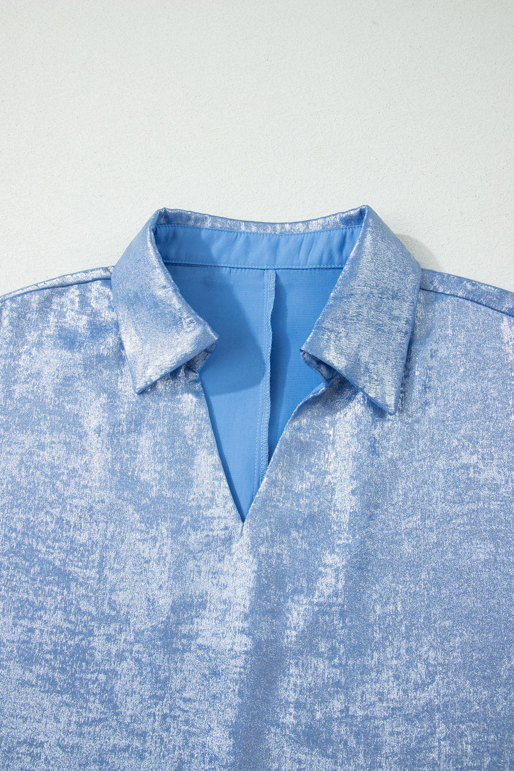 Myosotis Collared V Neck Half Sleeve Metallic Top