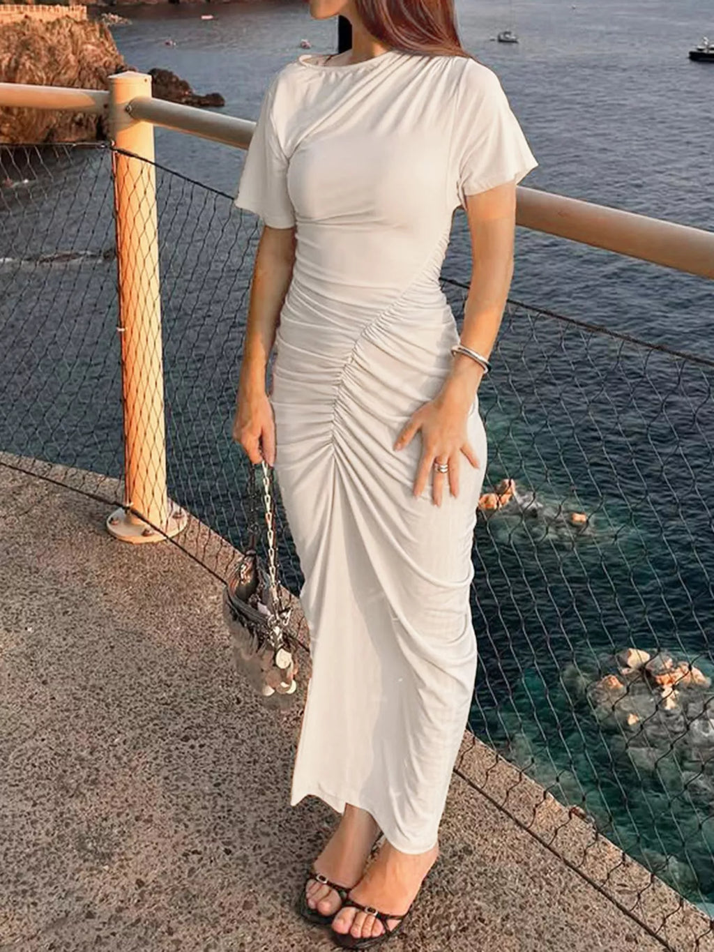 Ruched Short Sleeve Maxi Dress
