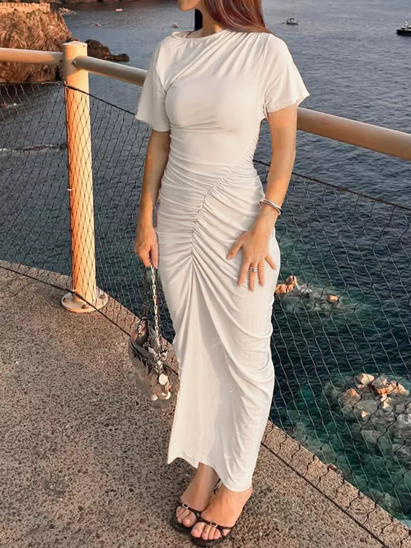Ruched Short Sleeve Maxi Dress